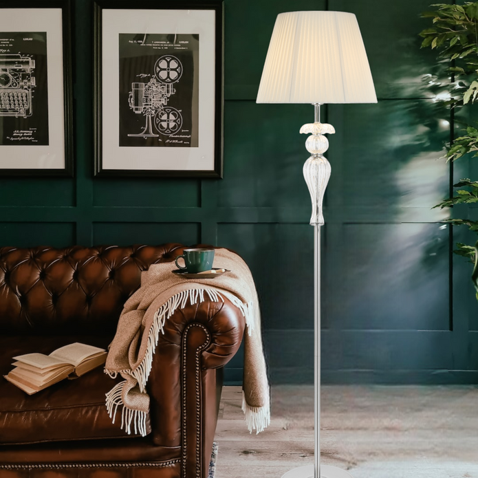 Cadiz Chrome or Antique Gold & Glass Floor Lamp with Fabric Shade