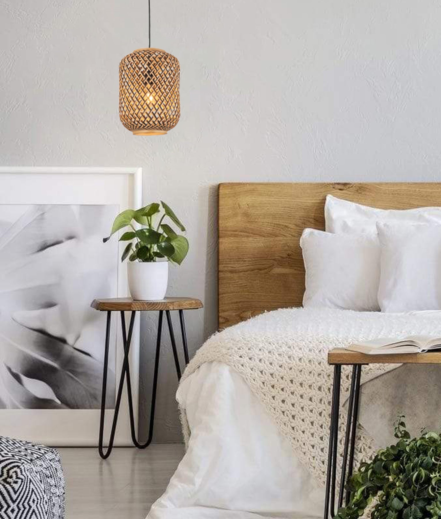 CESTA: Bohemian Interior Cylinder Brown/Natural Bamboo Cage Pendant Light