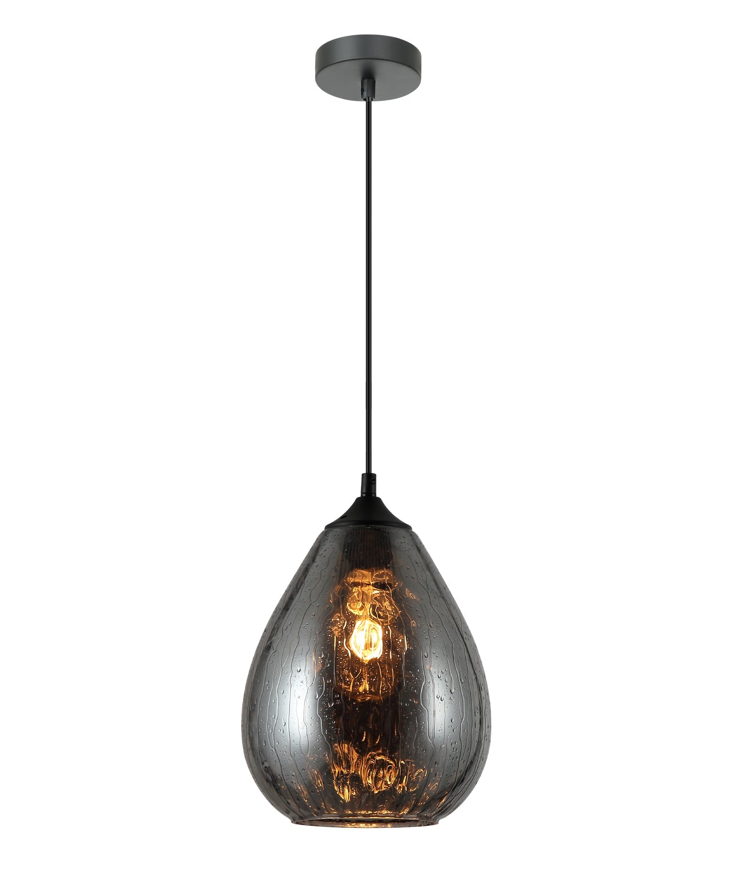 CHUVA: Smokey Black Mirror Finish Glass with Rain Drop Effect Oval Pendant Light