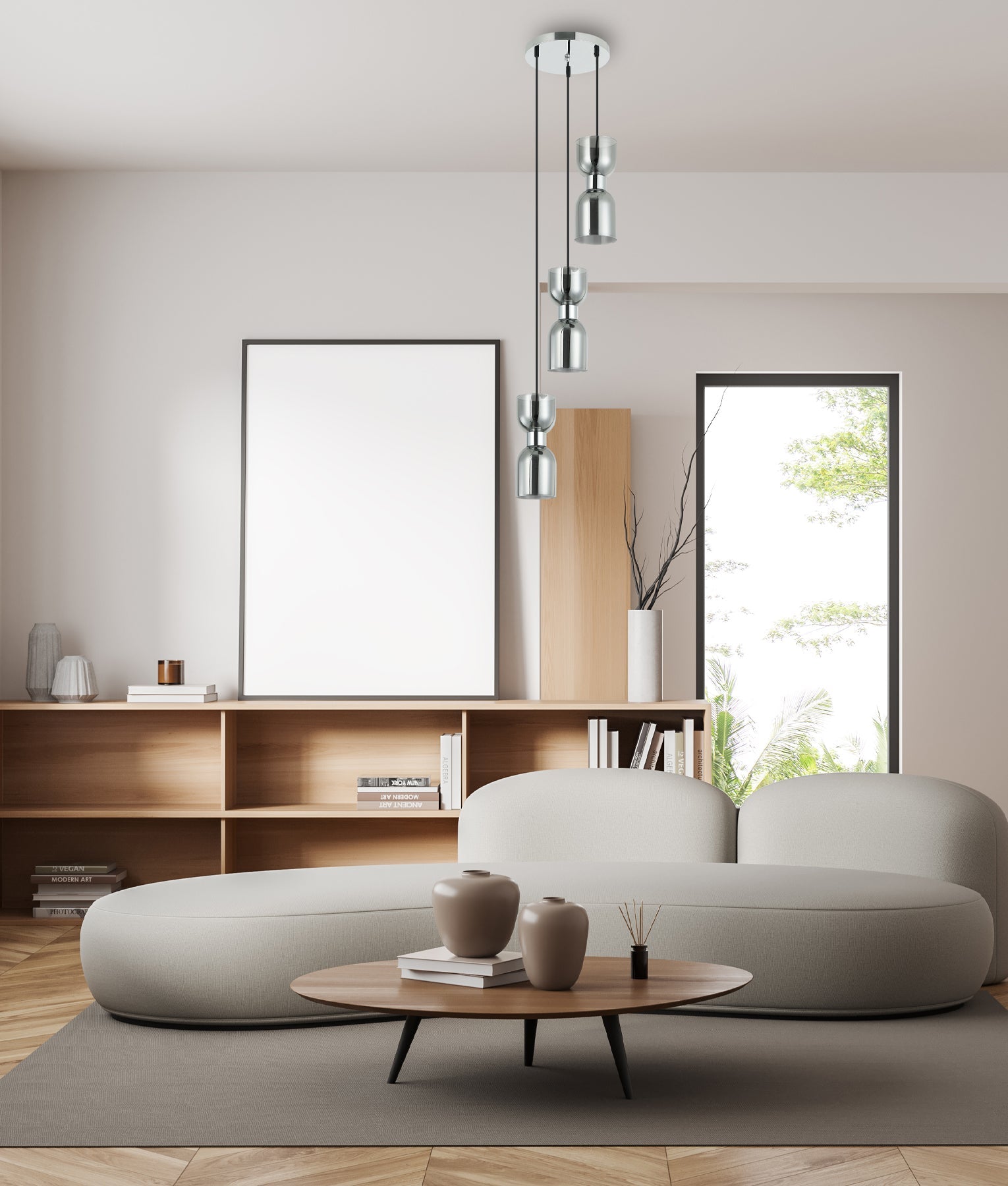 CLESSIDRA:  Interior Mirror Finish Smokey Black / Opal Glass Ellipse Multiple Round Base Pendant Lights