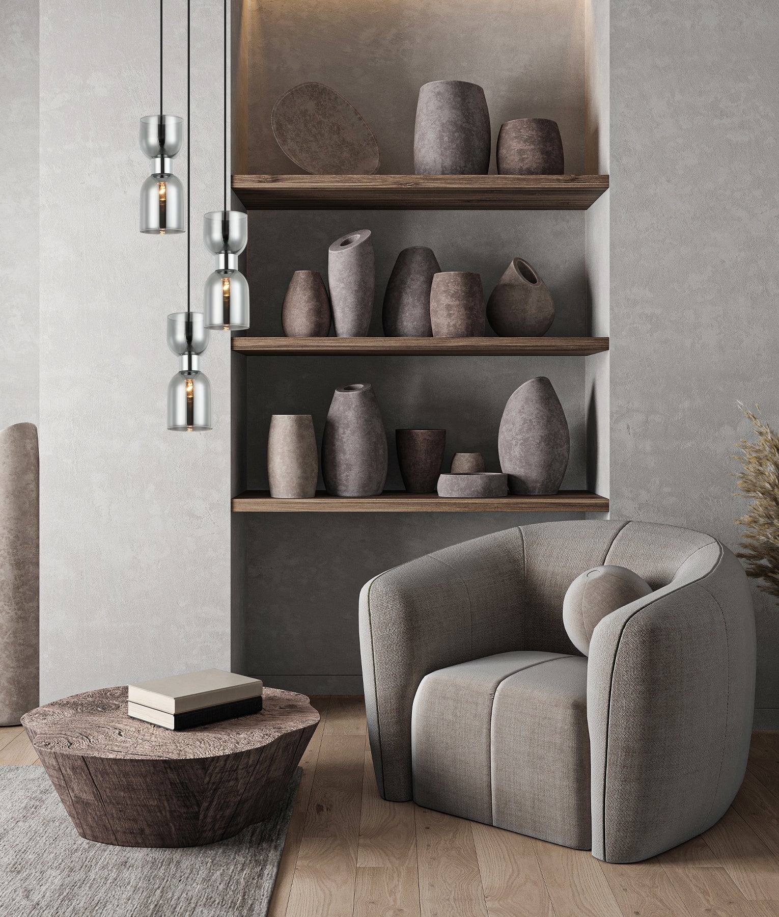 CLESSIDRA:  Interior Mirror Finish Smokey Black / Opal Glass Ellipse Multiple Round Base Pendant Lights