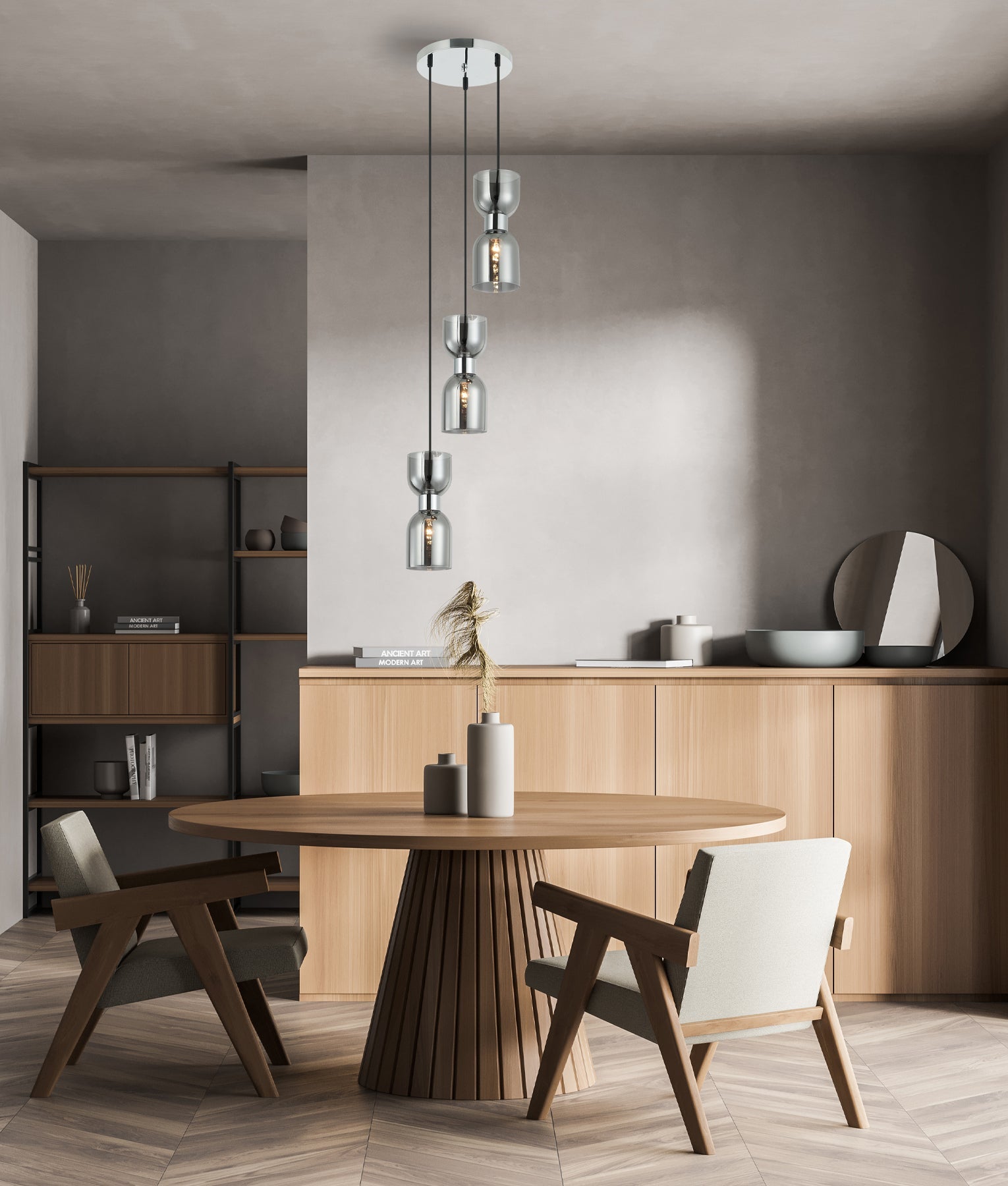 CLESSIDRA:  Interior Mirror Finish Smokey Black / Opal Glass Ellipse Multiple Round Base Pendant Lights