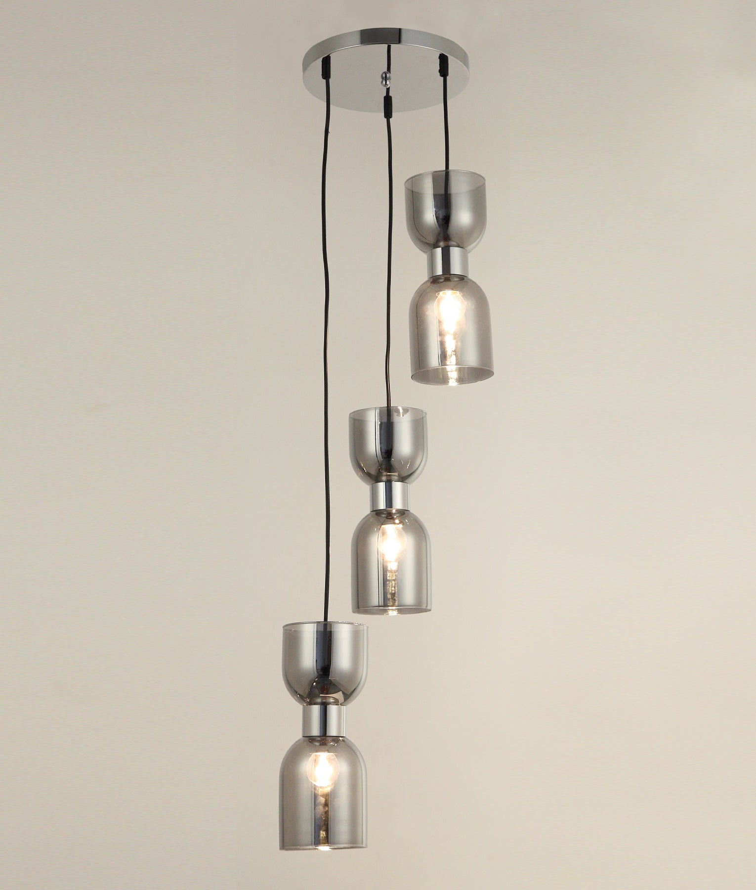 CLESSIDRA:  Interior Mirror Finish Smokey Black / Opal Glass Ellipse Multiple Round Base Pendant Lights