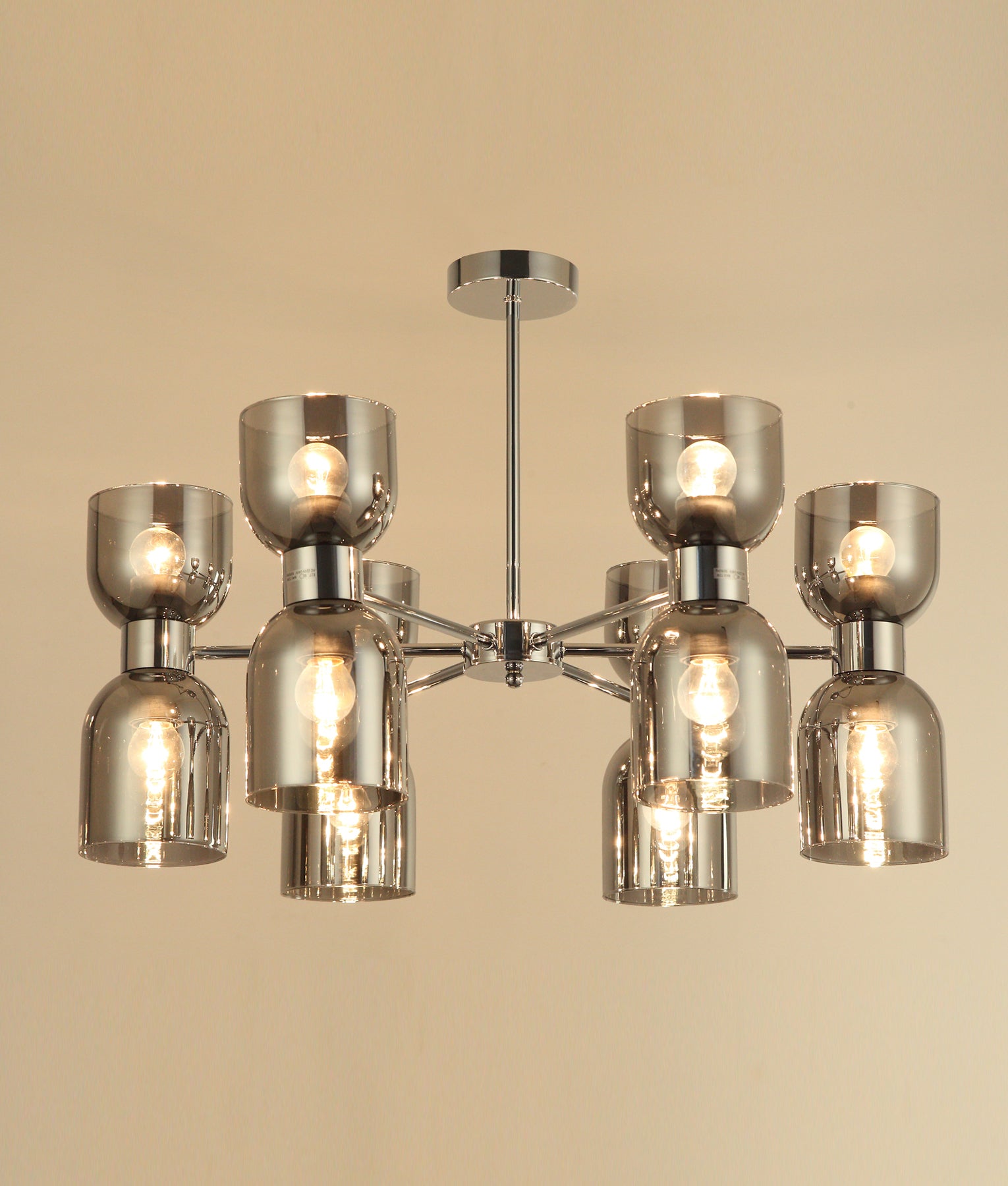 CLESSIDRA:  Interior Mirror Finish Smokey Black / Opal Glass Ellipse x12 Round Base Pendant Lights