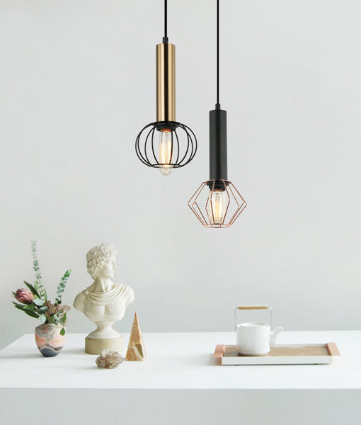 CORAZON: Interior Antique Brass and Matte Black Round Cage Pendant Light