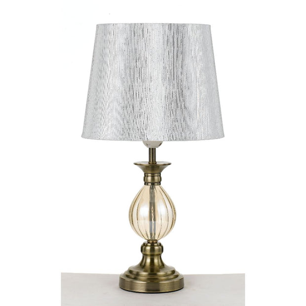 Crest Antique Brass & Amber Glass Table Lamp with Gold Fabric Shade