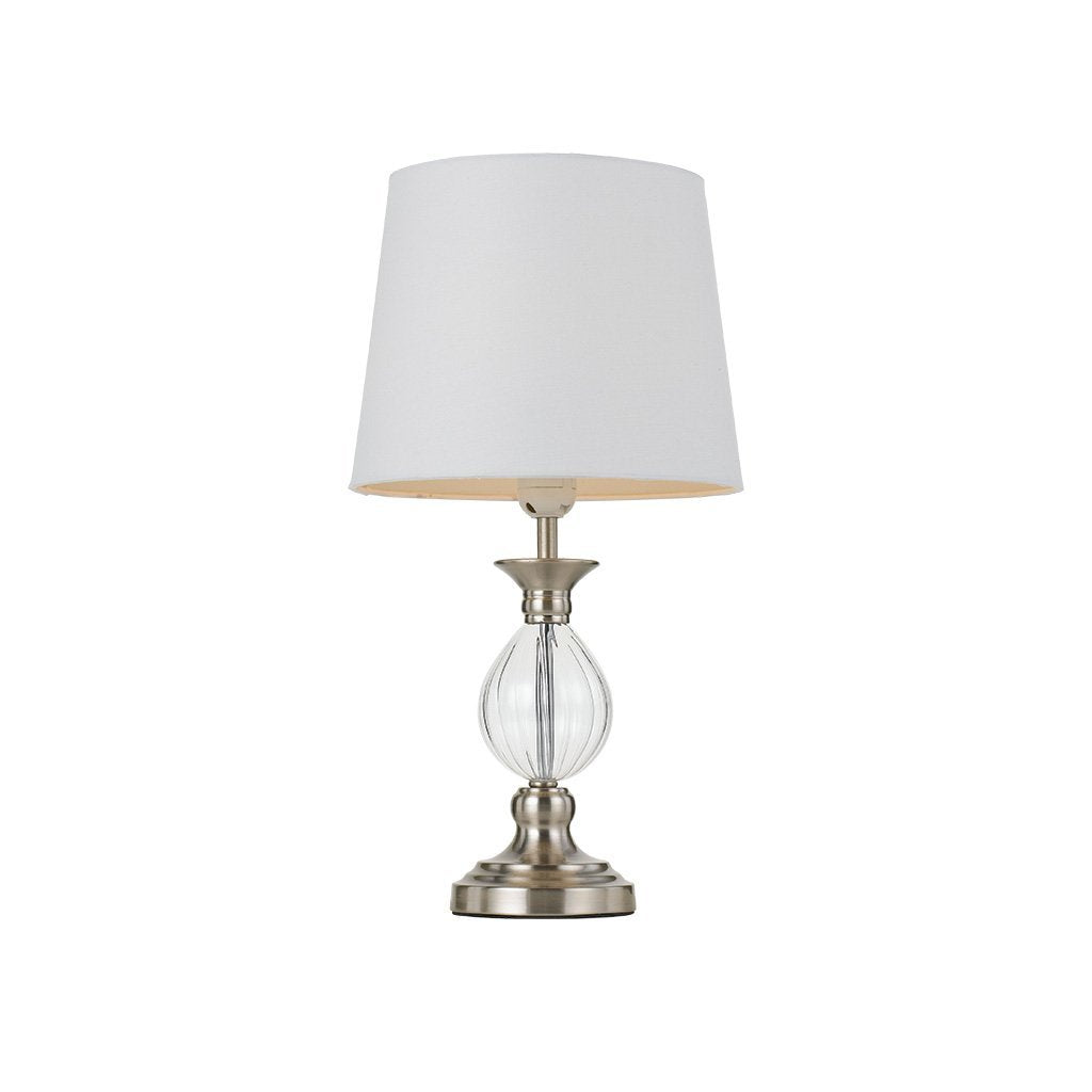 Crest Table Lamp in Nickel with White Shade