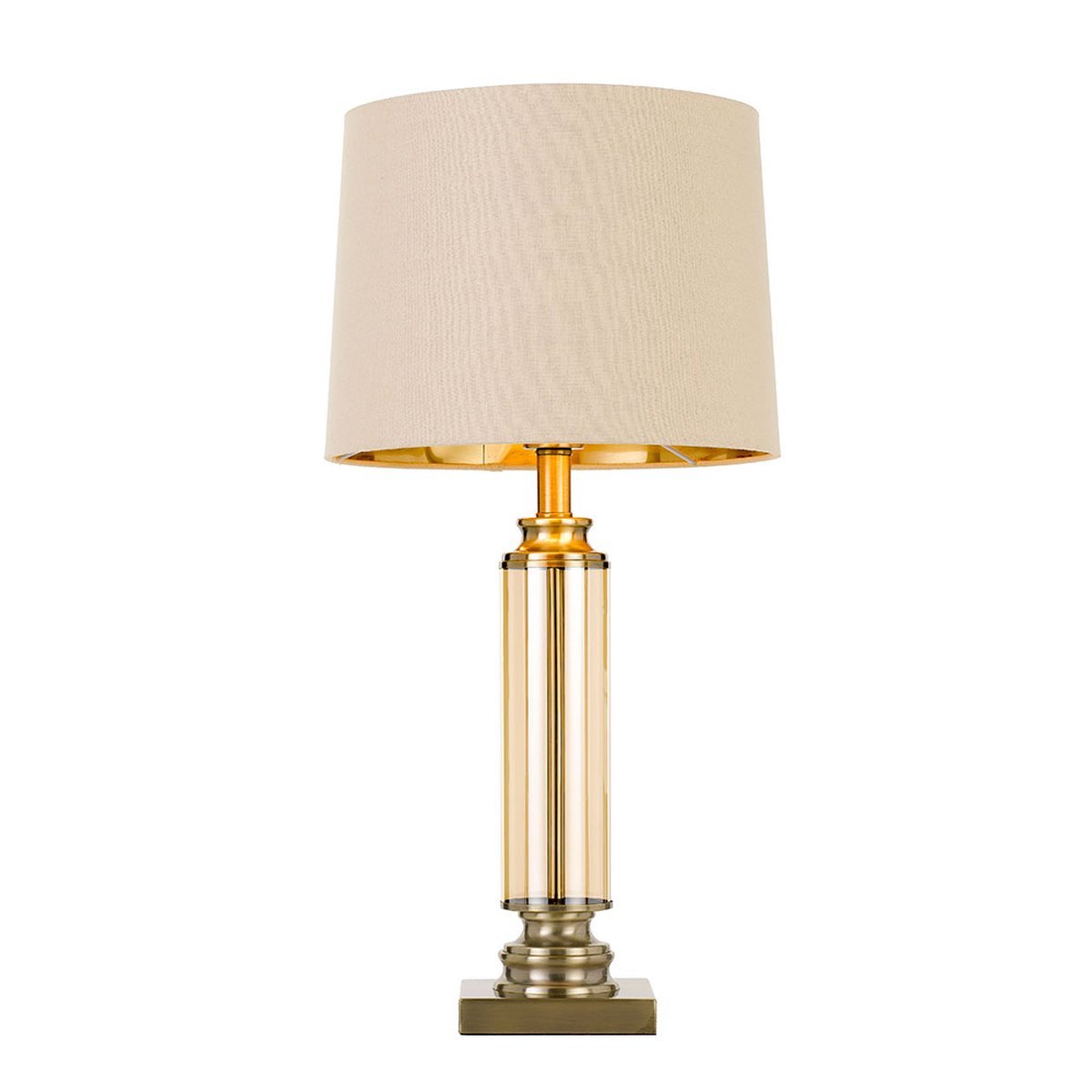 Dorcel Table Lamp in Antique Brass with Cream Shade and Amber Glass