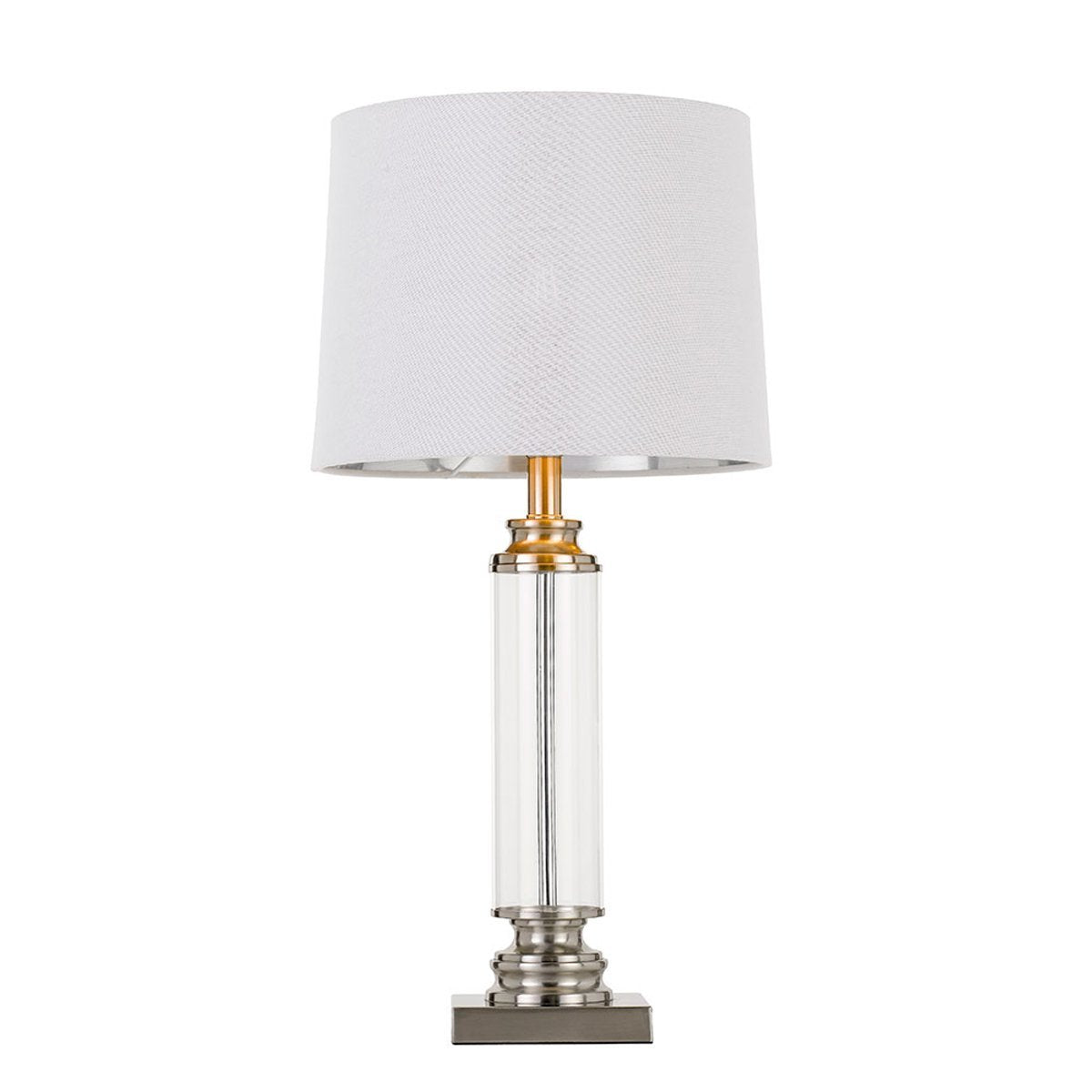 Dorcel Table Lamp in Nickel with White Shade and Clear Glass