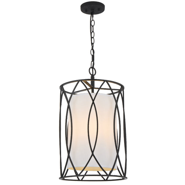 Dover 33 Antique Silver or Black 3 Light Pendant with Fabric Inner Shade