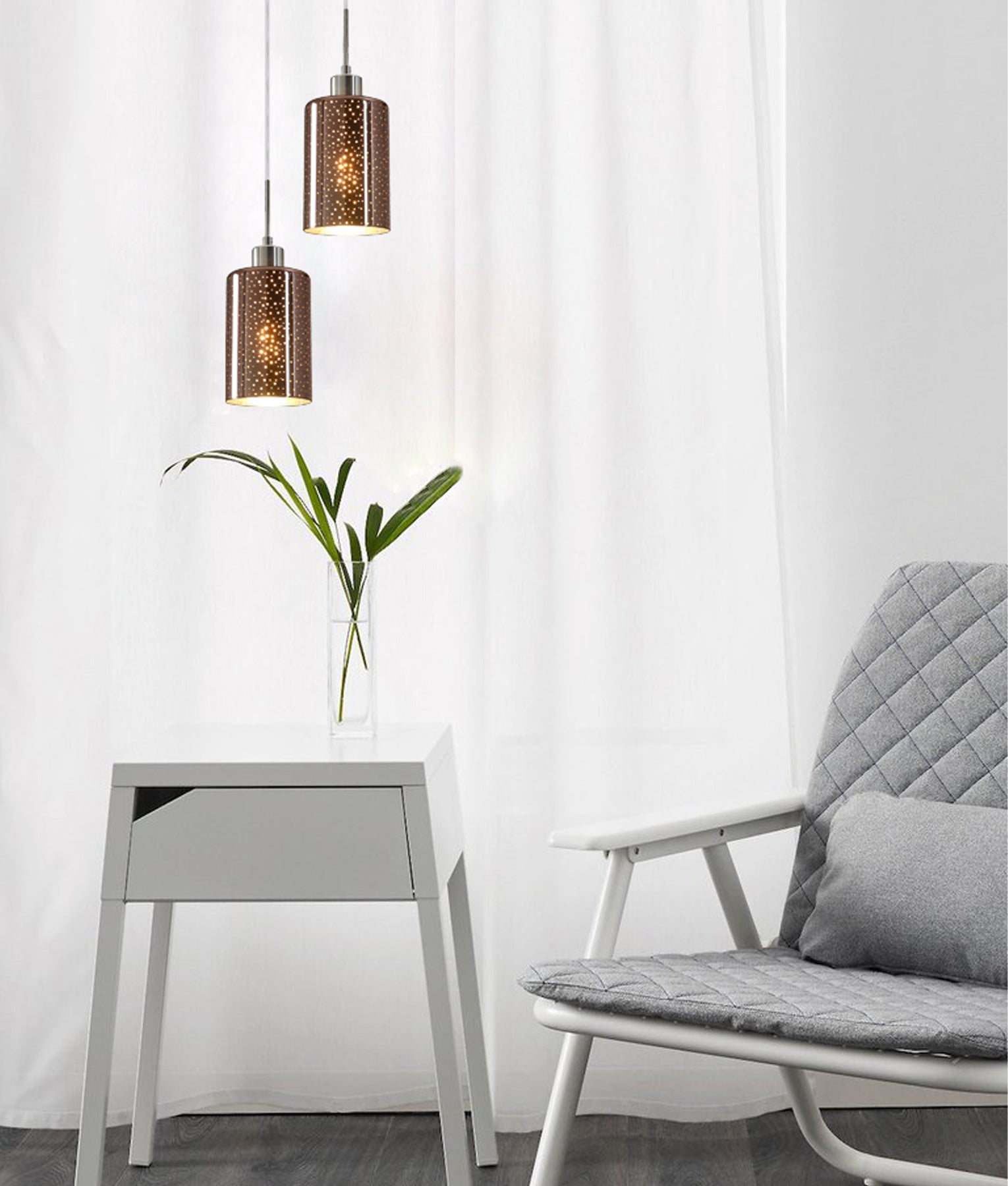 ESPEJO4: Interior Iron & Rose Gold Oblong Glass with Dotted Effect Pendant Lights
