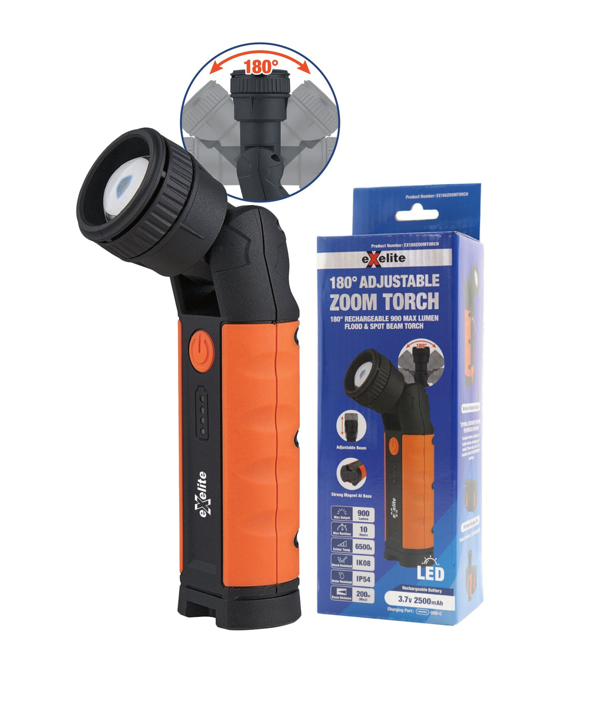 Adjustable Zoom Torch: LED 180° Rechargeable 900LM Flood Spot Beam Torch IP54 IK08