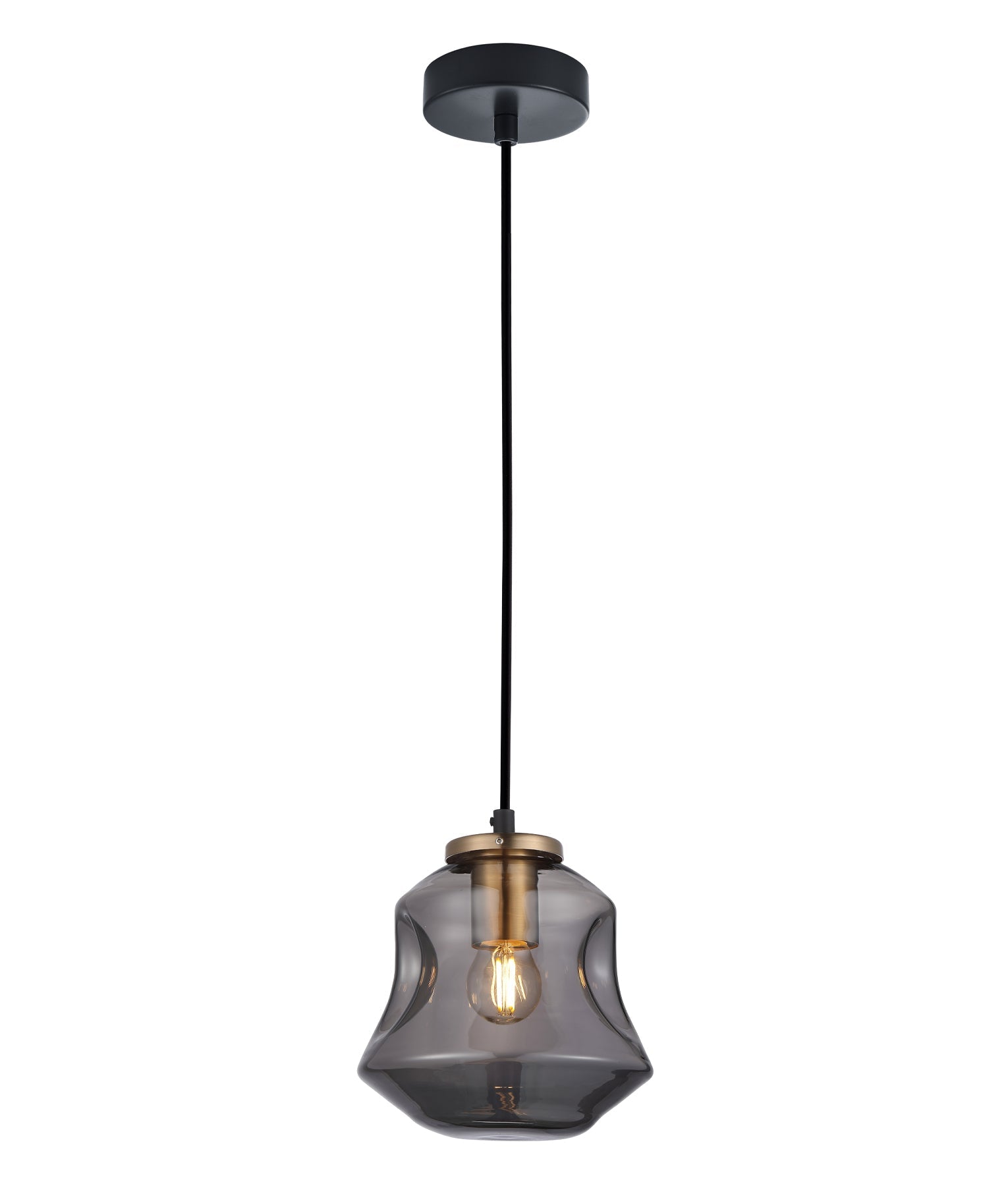 FOSSETTE: Interior Dimpled Smoked Mirror Finish Angled Bell Glass Pendant Light