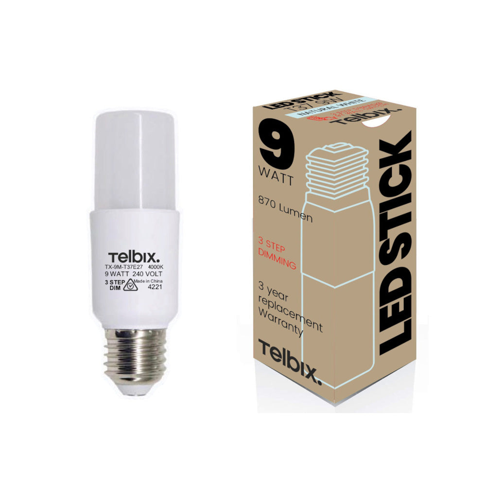 T37 Tubular 9W E27 6000K, 4000K or 3000K LED Globe 3Step Dimming