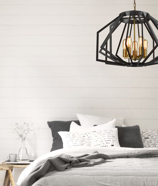 GAMBA: Industrial Black Rustic Wide Angular Cage Pendant Light