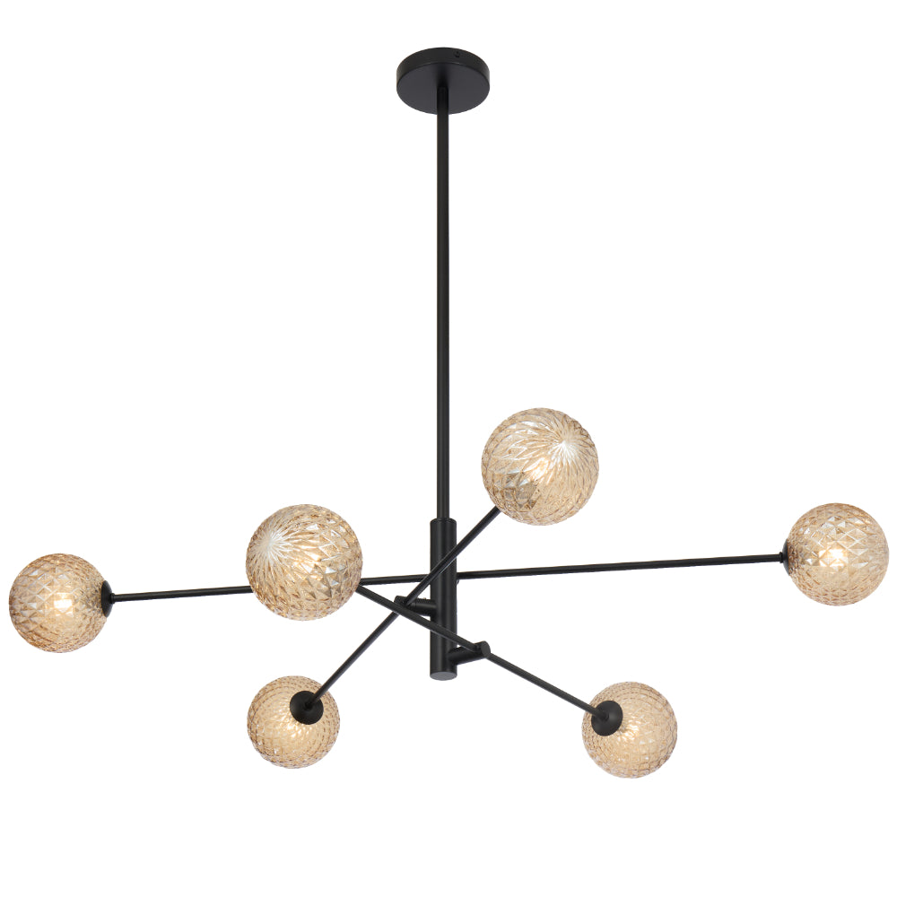 Gaston Black 6 Light Pendant with Choice of 6 Glass Colours and Textures