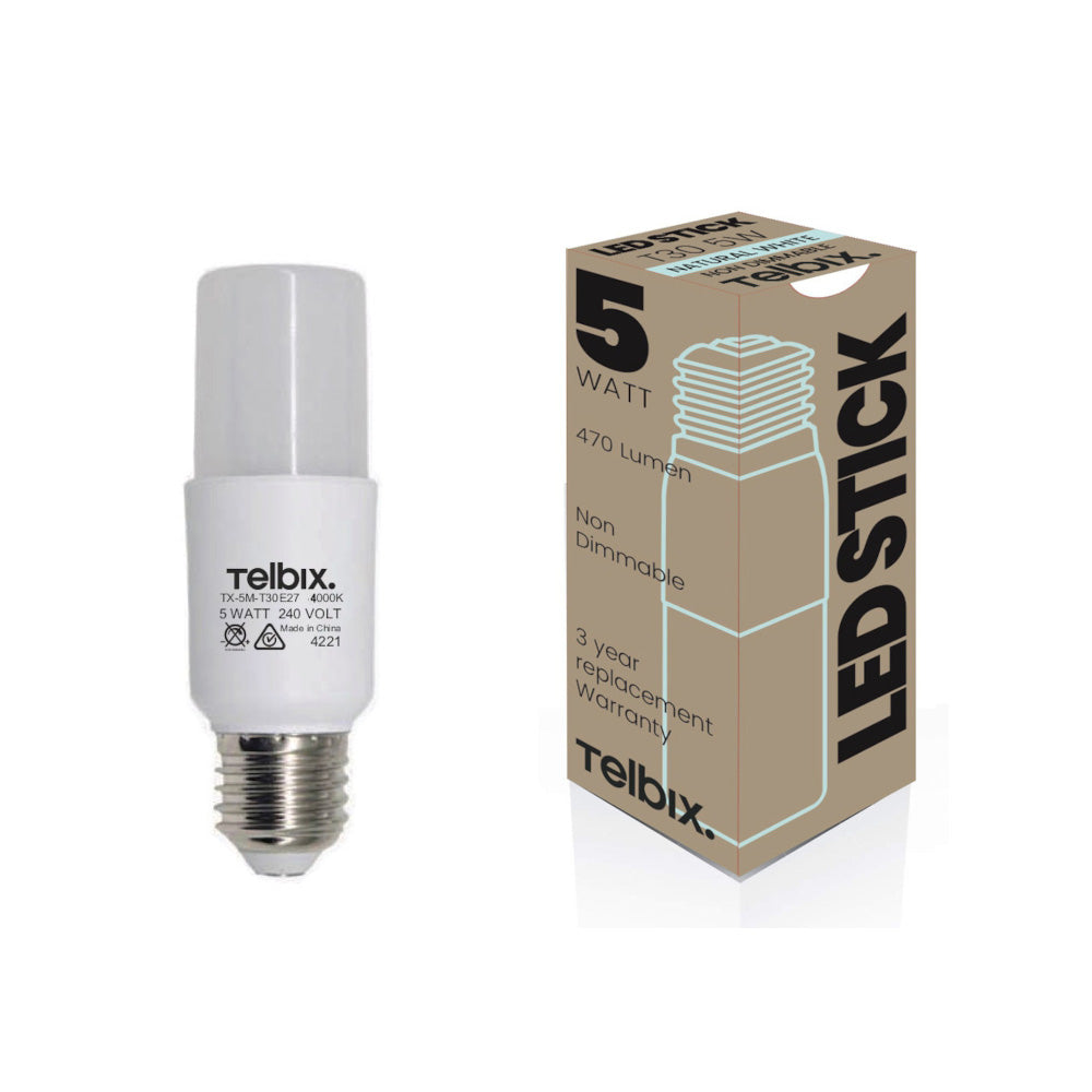 T30 Tubular 5W E27 6000K, 4000K or 3000K LED Globe