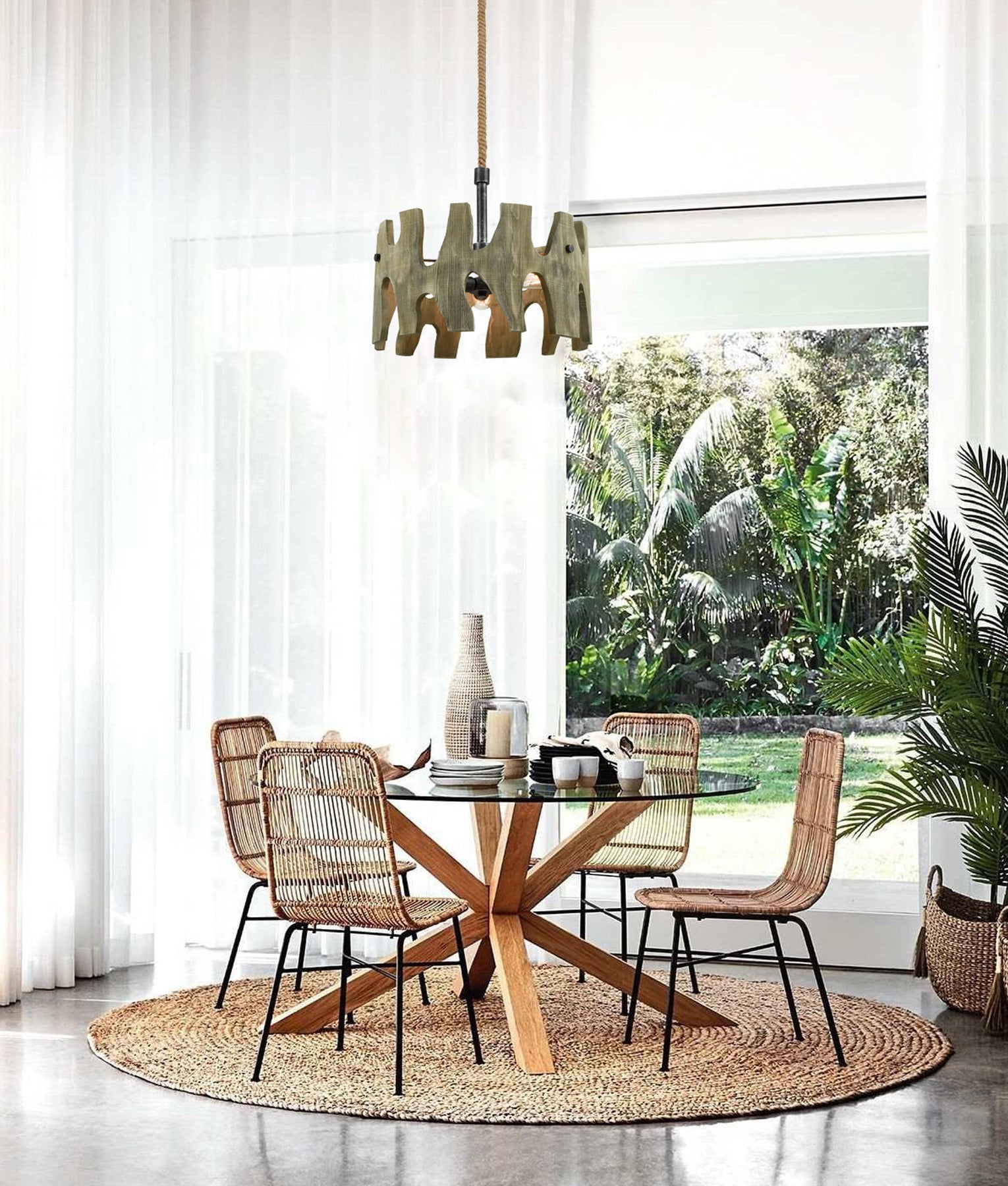 HOPI: Medieval Rustic Large Drum Weathered Grey Wood Pendant Light