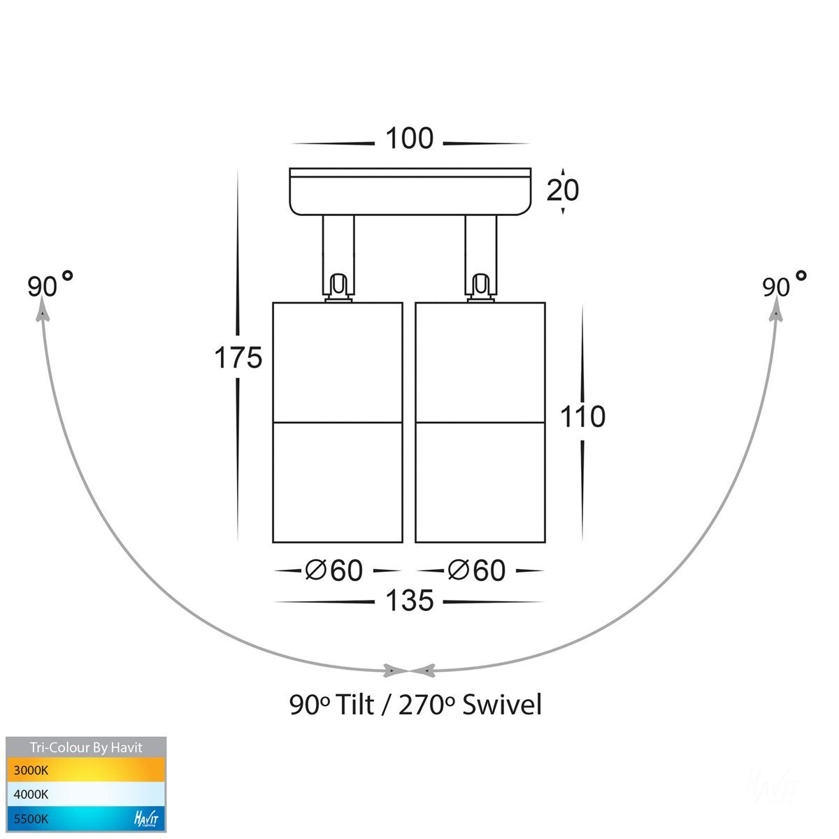 240v Tivah Double Adjustable Wall Pillar Light Silver