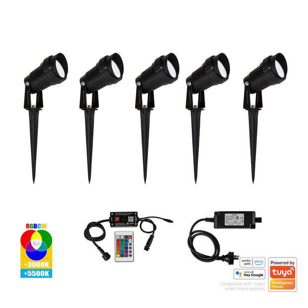 HV1428RGBCW-KIT - Spitze Black 5x 3w WIFI RGBCW LED Garden Spike Light Kit