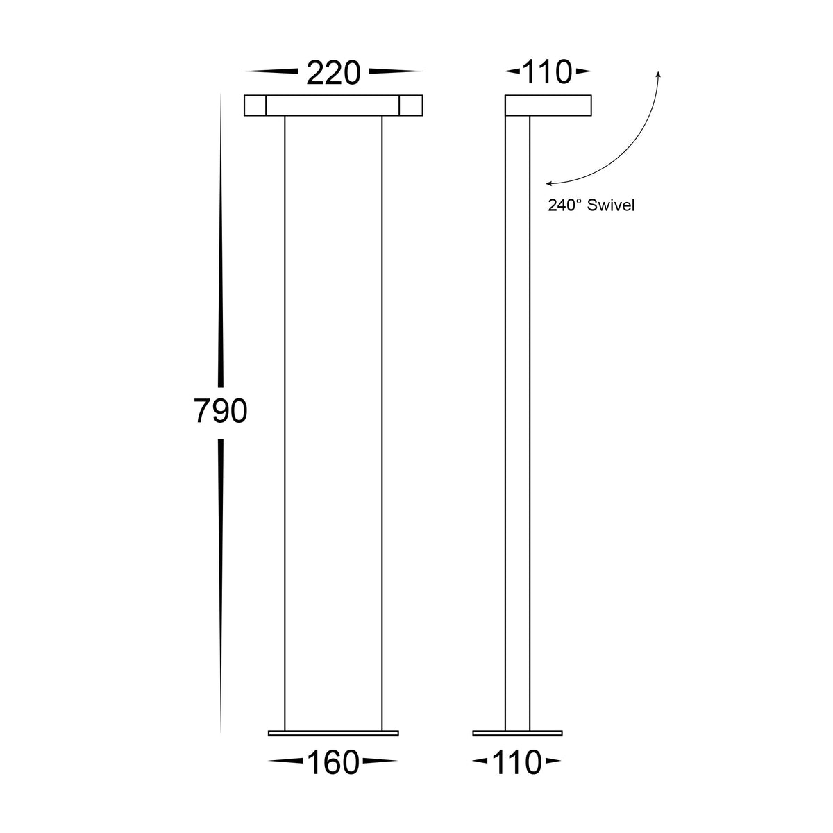HV1634T-BLK-240V - Locu Black Aluminium 1 Light Adjustable Bollard - 790mm