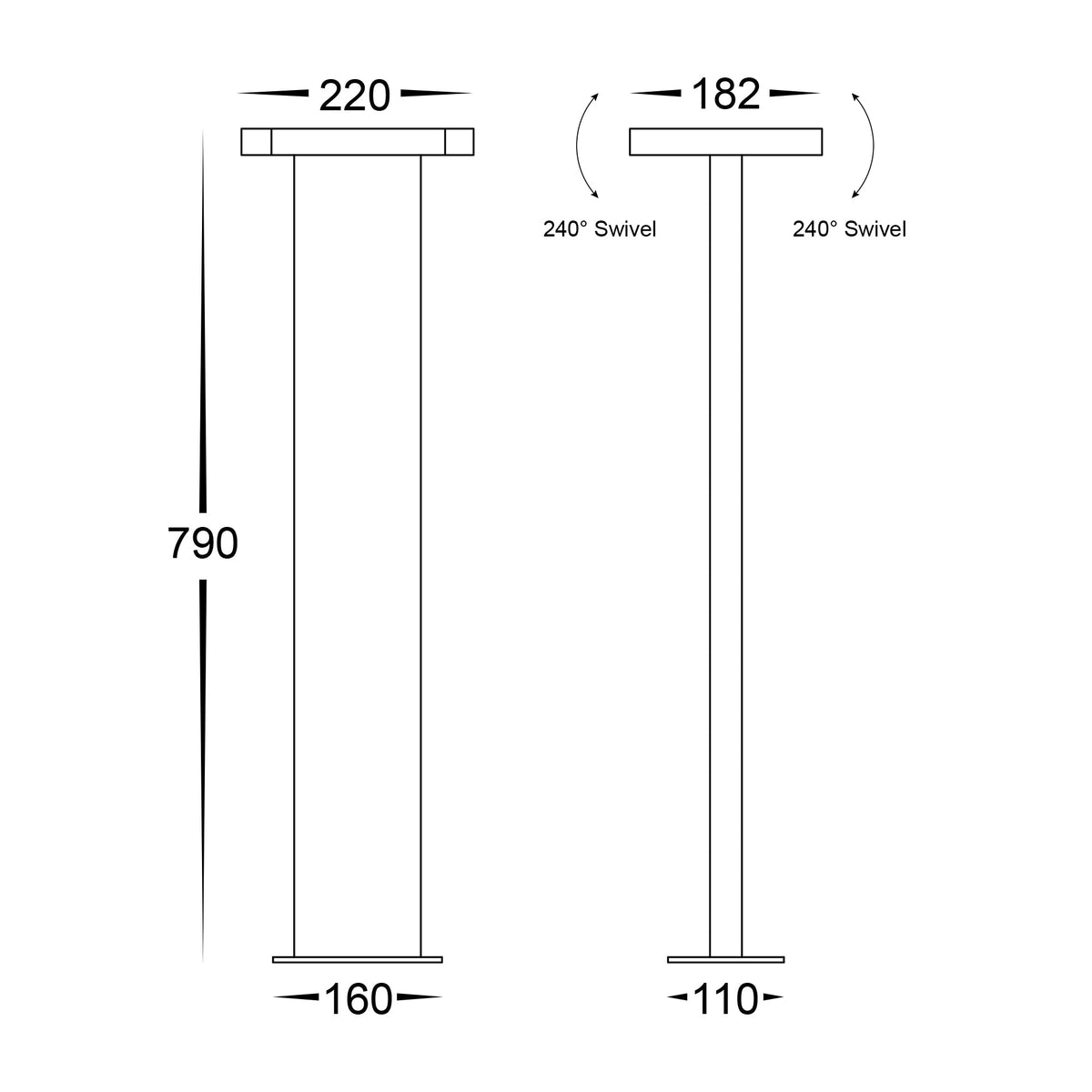 HV1635T-BLK-240V - Locu Black Aluminium 2 Light Adjustable Bollard - 790mm
