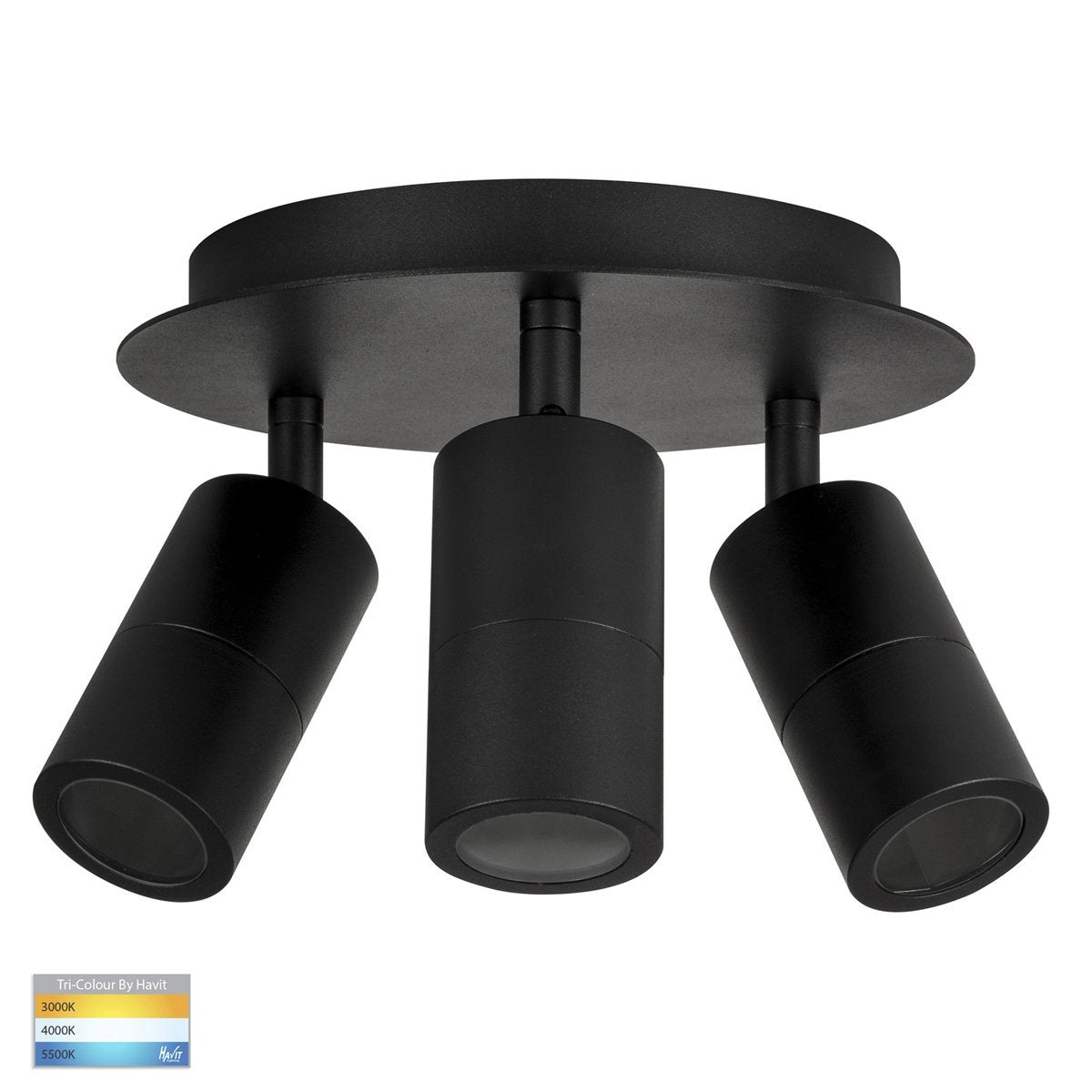 Tivah 15W 240v Tri-Colour LED Round Ceiling 3 Light Spotlight in Matt Black