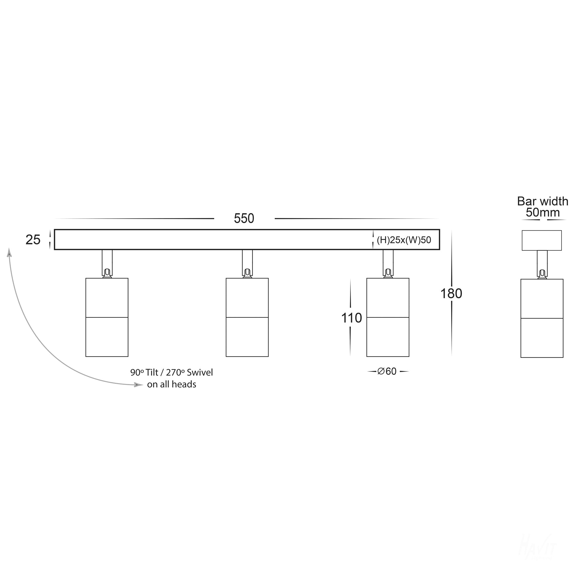 HV4001T-3-WHT - Tivah White 3 Light TRI Colour Bar Light