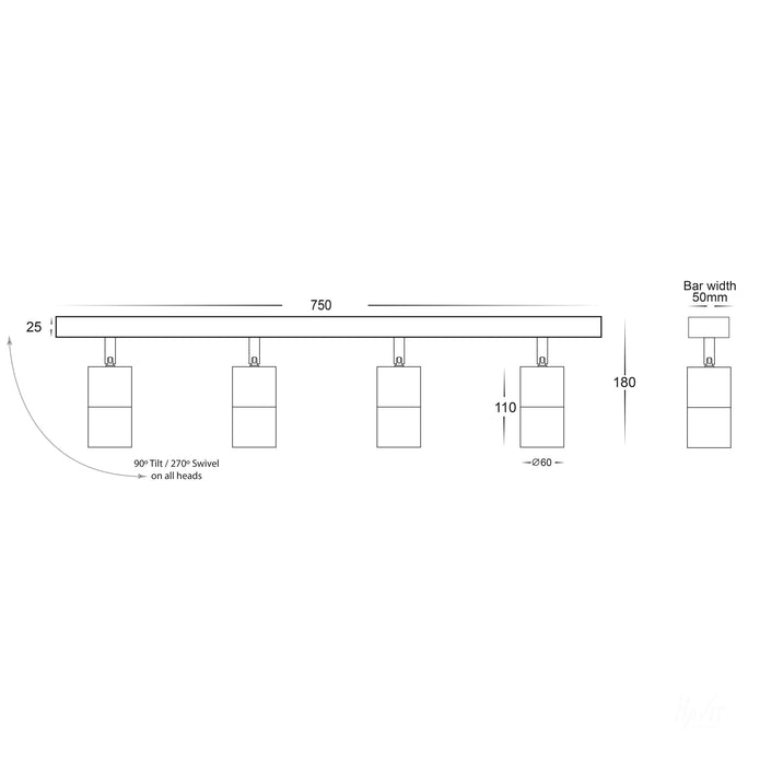 HV4001T-4-BLK - Tivah Black 4 Light TRI Colour LED Bar Lights