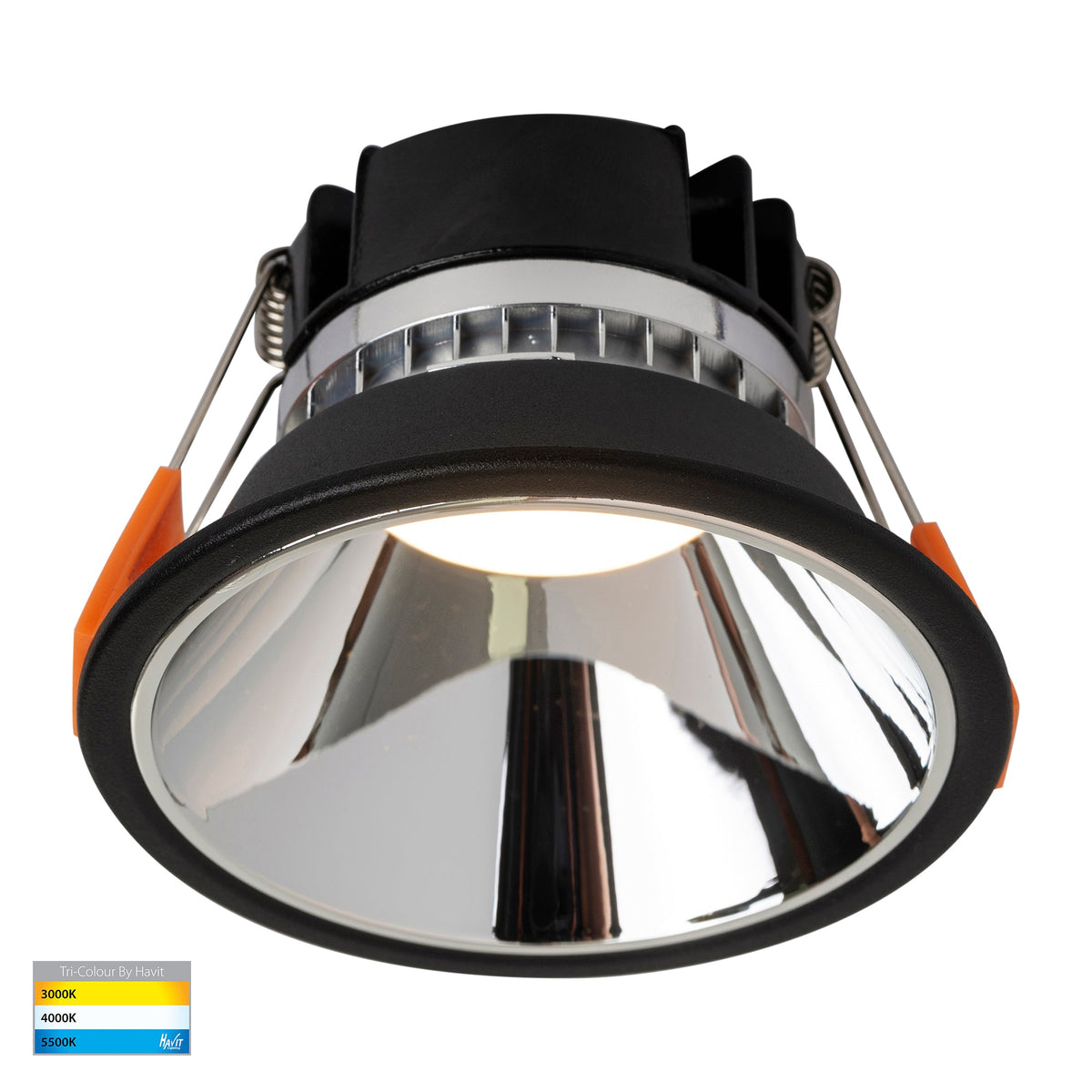 HV5528T-BC - Gleam Black with Chrome Insert Tri Colour Fixed Deep LED Downlight