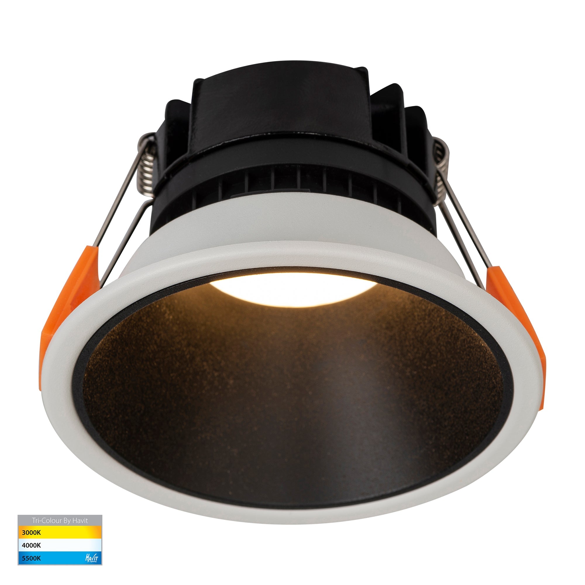 HV5528T-WB - Gleam White with Black Insert Tri Colour Fixed Deep LED Downlight