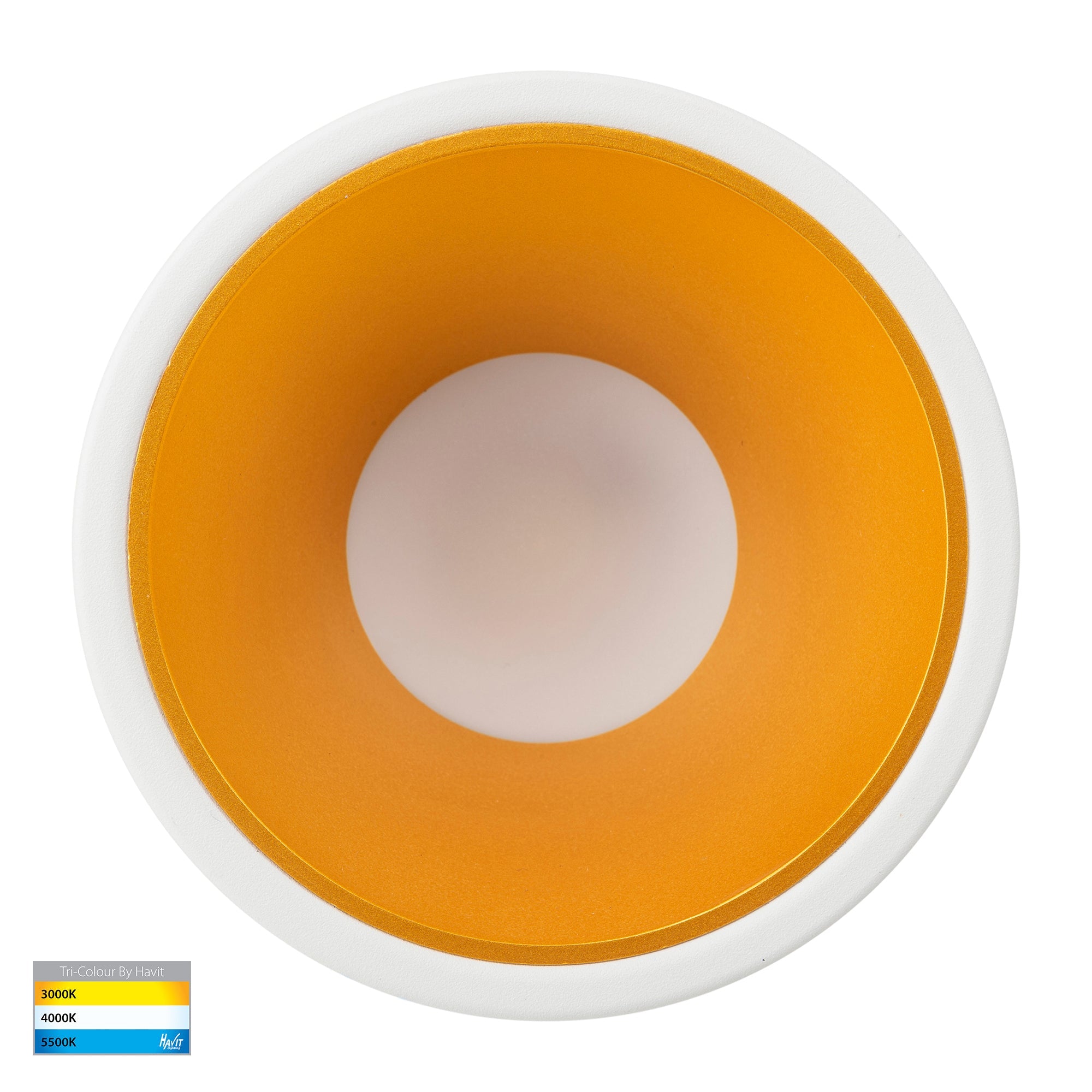 HV5528T-WG - Gleam White with Gold Insert Tri Colour Fixed Deep LED Downlight