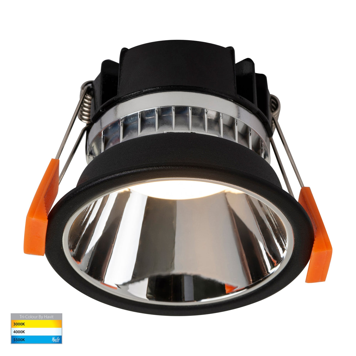 HV5529T-BC - Gleam Black with Chrome Insert Tri Colour Fixed Deep LED Downlight