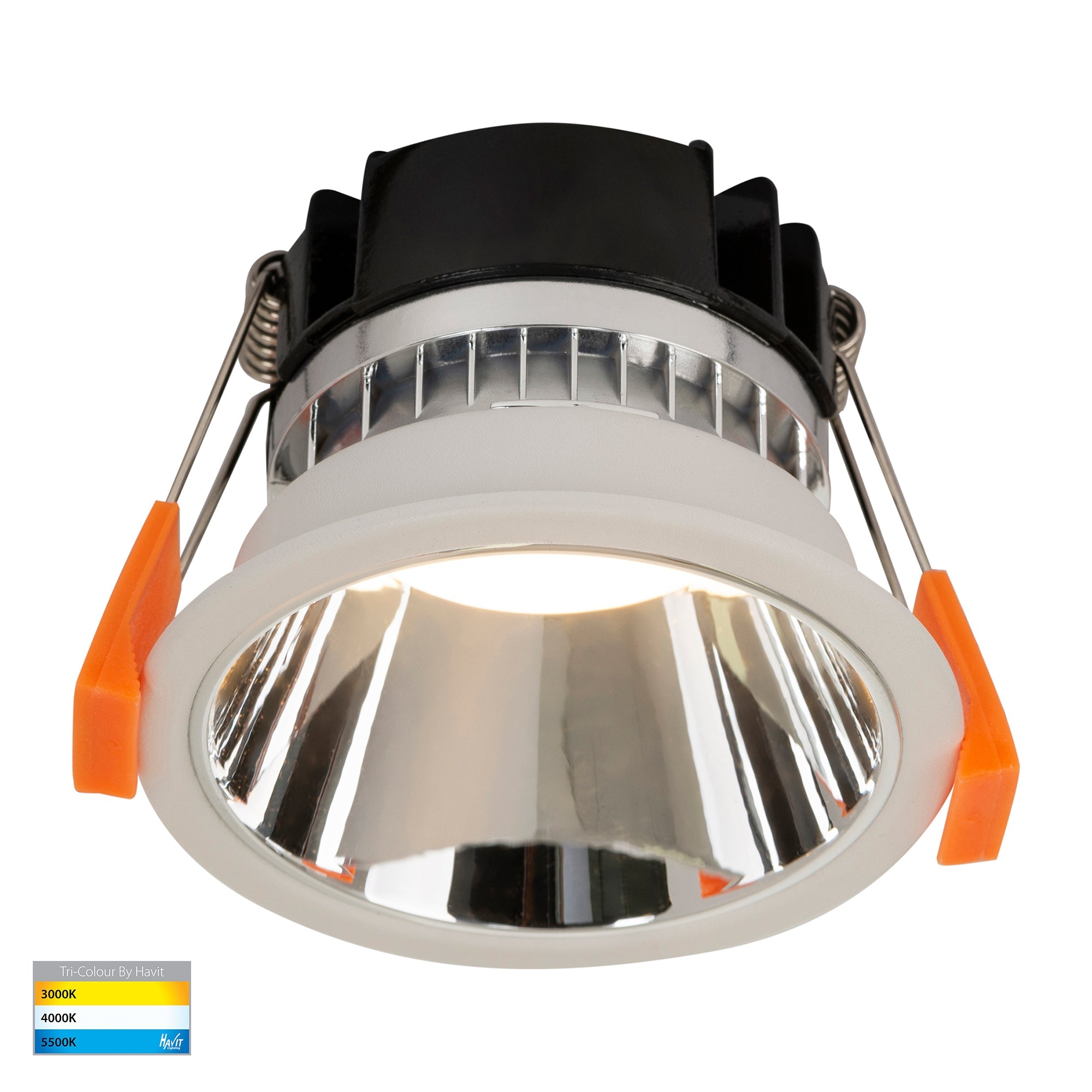HV5529T-WC - Gleam White with Chrome Insert Tri Colour Fixed Deep LED Downlight