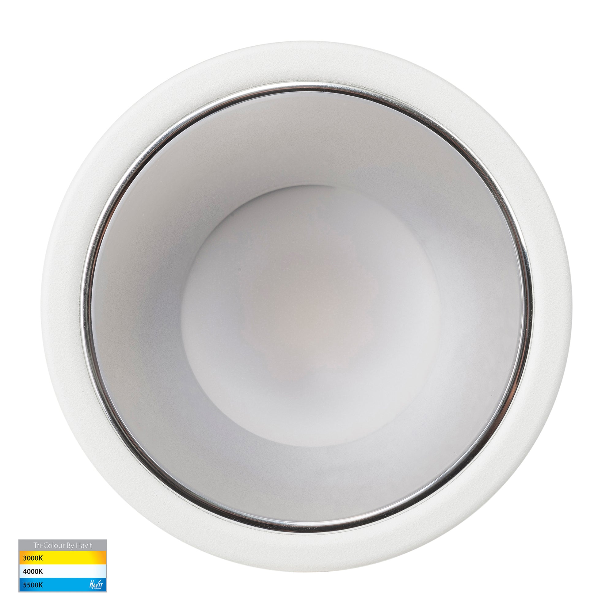 HV5529T-WC - Gleam White with Chrome Insert Tri Colour Fixed Deep LED Downlight