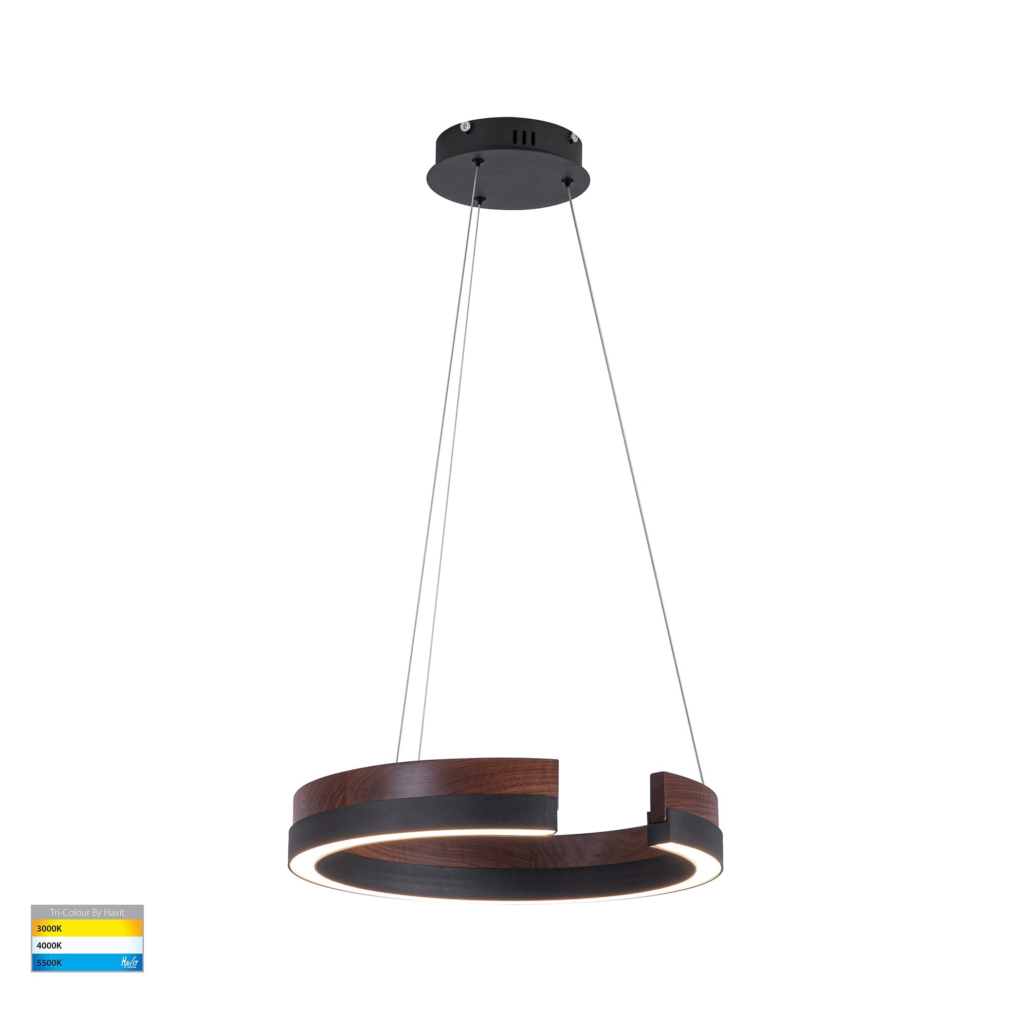 HV6092T - Orah Walnut Timber with Black Aluminium 600mm Round Pendant