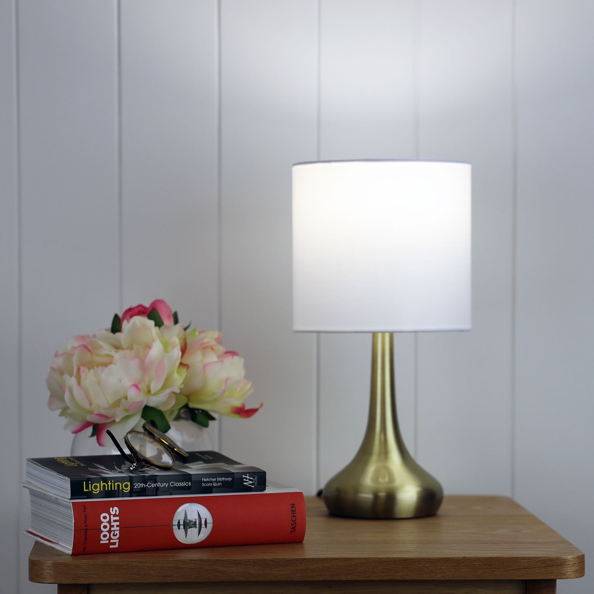 Lola Antique Brass & White Fabric On/Off Touch Lamp