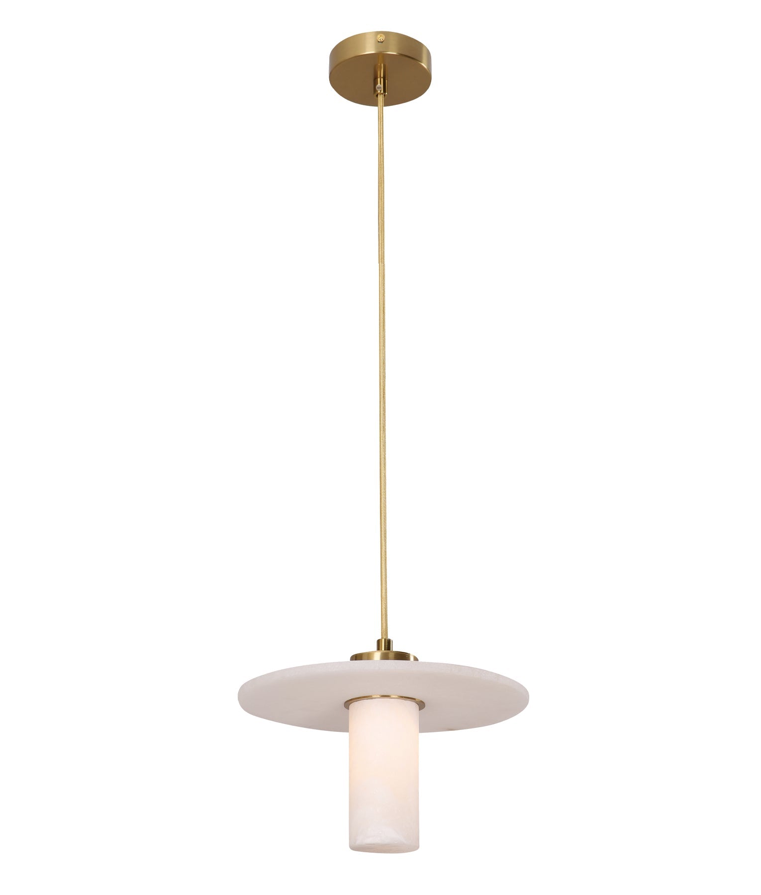 LUCERNA: Interior Cylinder Round Hat Alabaster Shade Brass Highlight Pendant Light