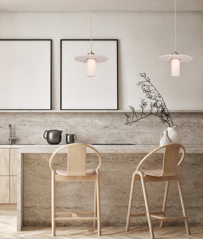 LUCERNA: Interior Cylinder Round Hat Alabaster Shade Brass Highlight Pendant Light