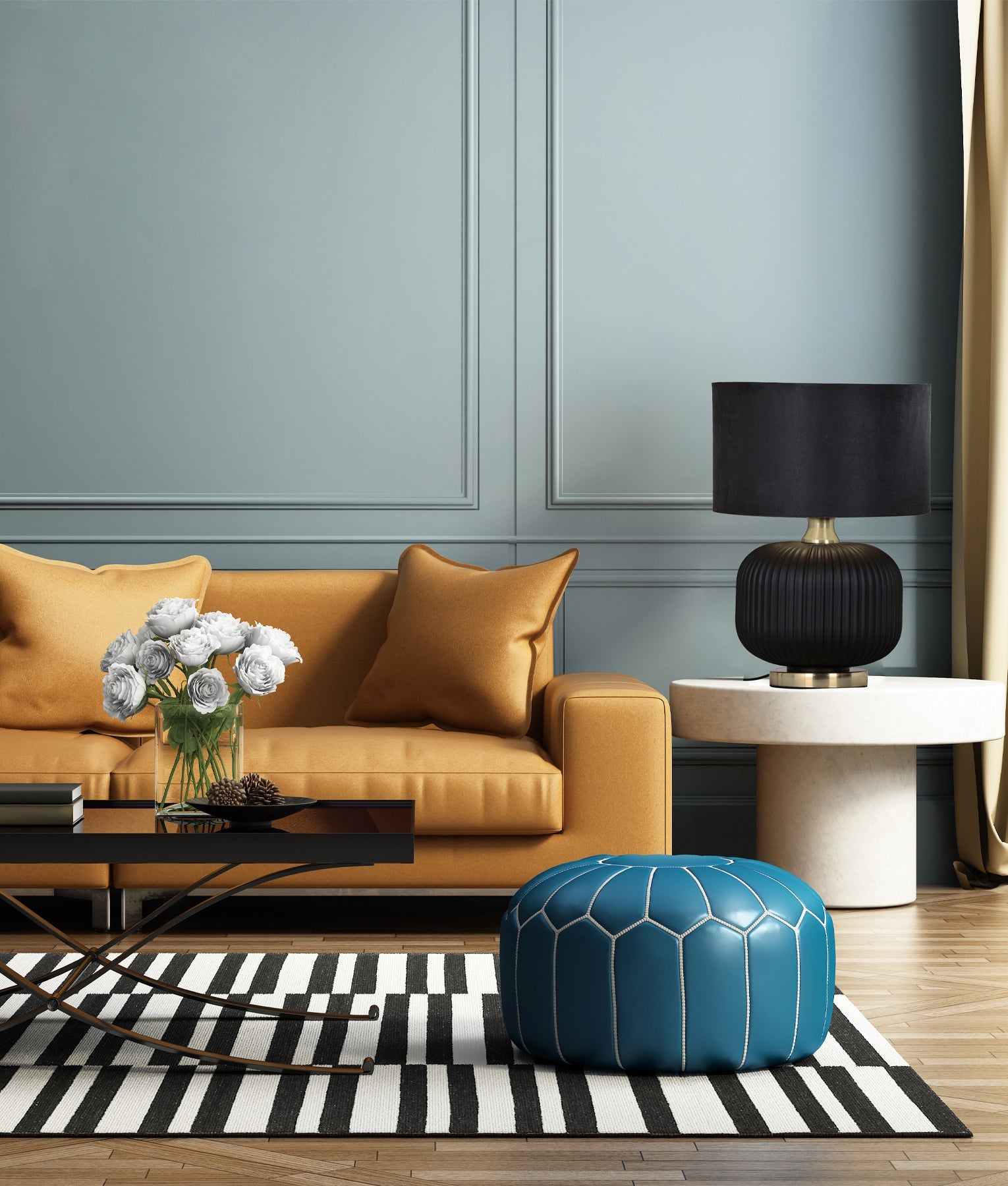 LUSSO: Interior Black Drum Shade Ceramic Base with Antique Brass Highlight Table Lamps