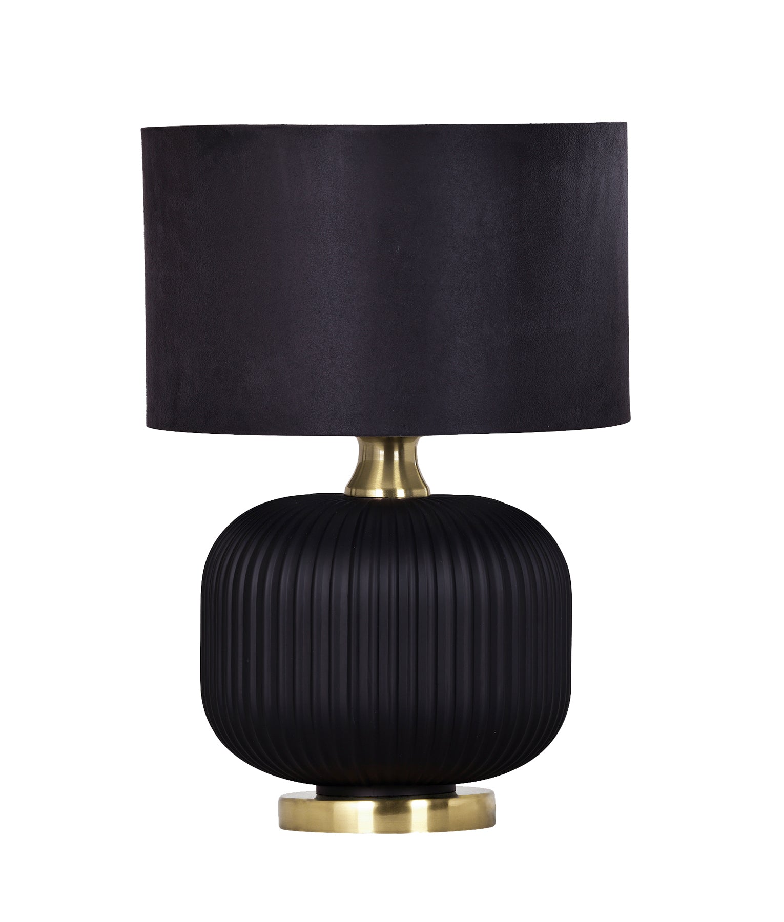 LUSSO: Interior Black Drum Shade Ceramic Base with Antique Brass Highlight Table Lamps