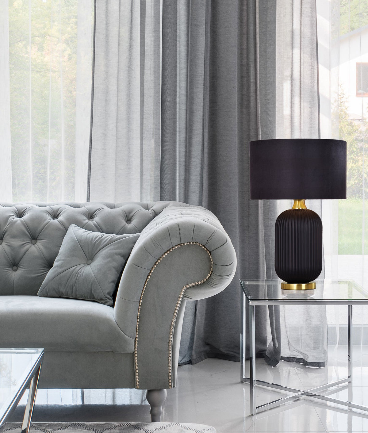 LUSSO: Interior Black Drum Shade Ceramic Base with Antique Brass Highlight Table Lamps