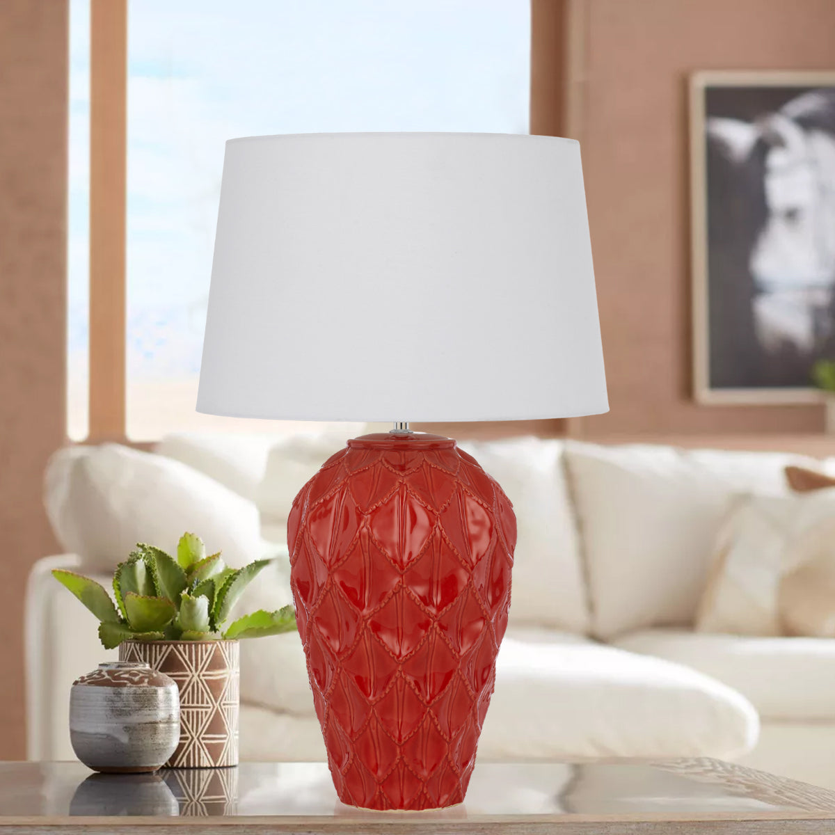 Madrid Red, Green, Blue or Black Ceramic Table Lamp with White Fabric Shade