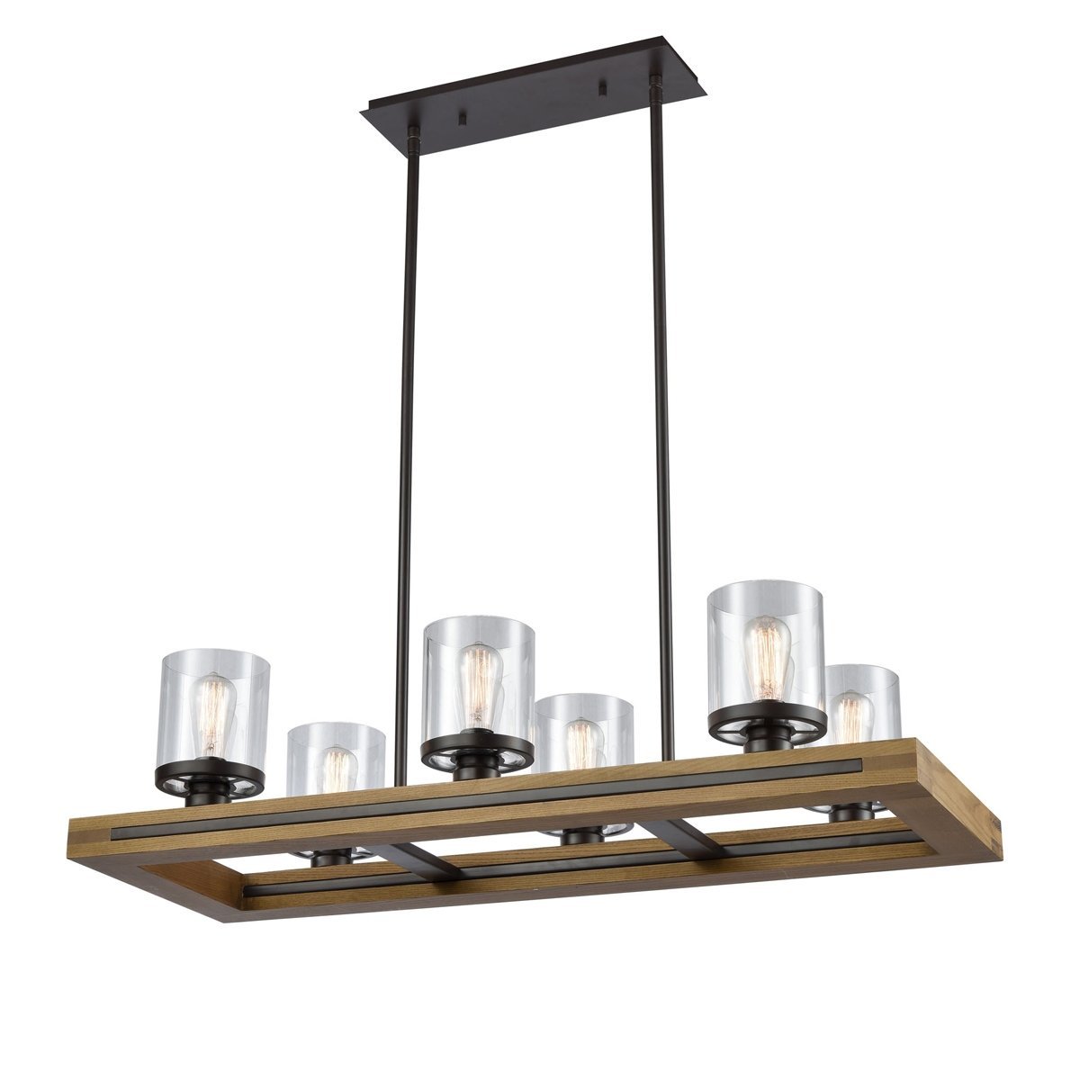 Meti 6 Light Pendant Light in Chestnut Wood with Clear Glass