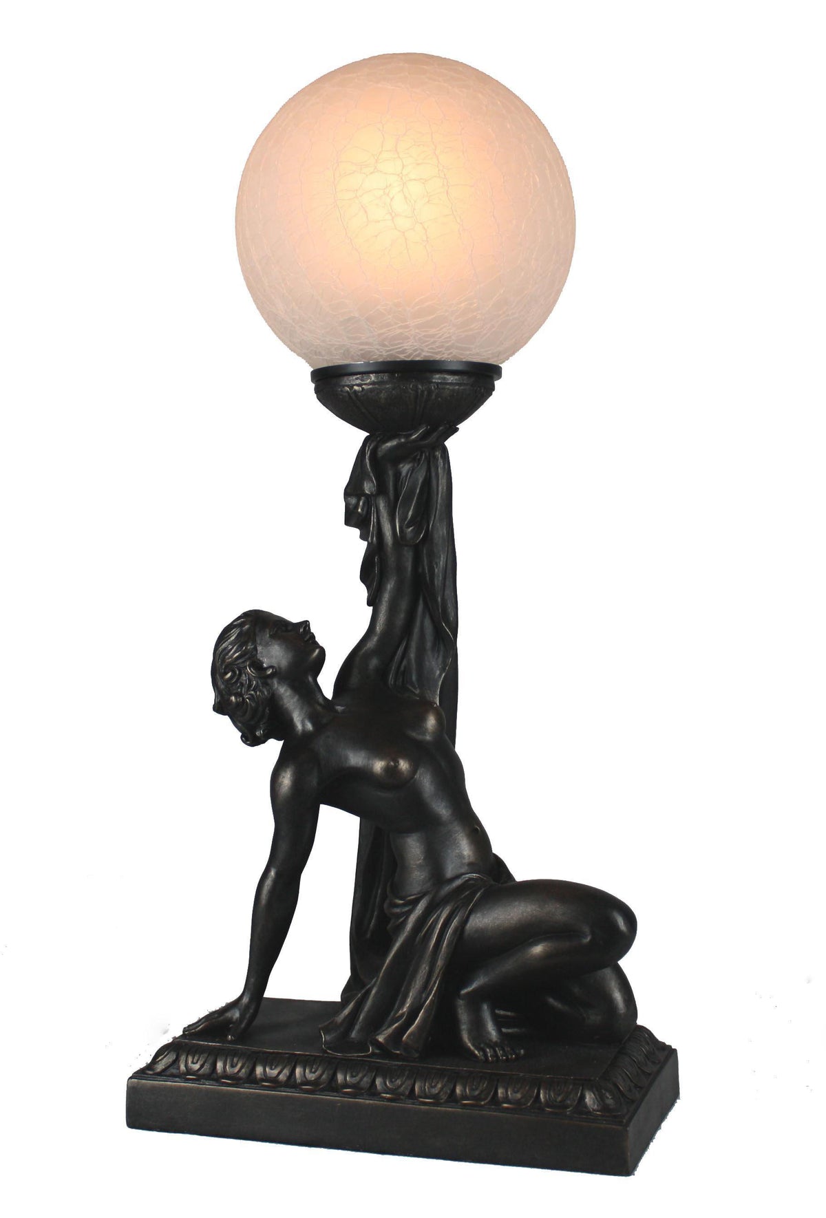 Kneeling Lady Upholding Glass Ball Cold Cast Bronze Table Lamp