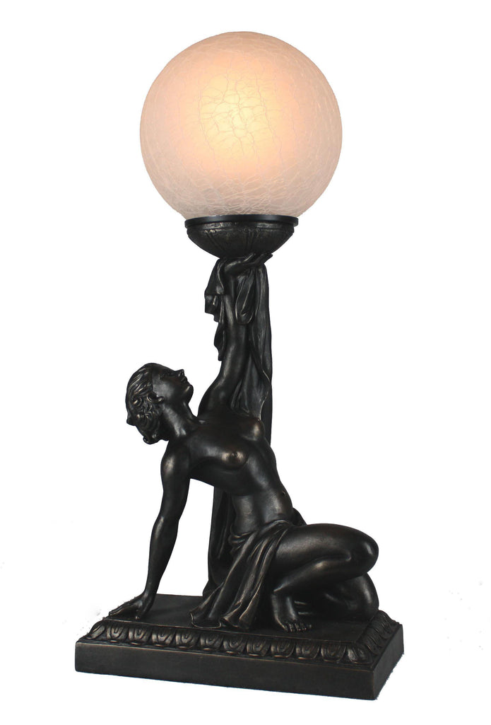 Kneeling Lady Upholding Glass Ball Cold Cast Bronze Table Lamp