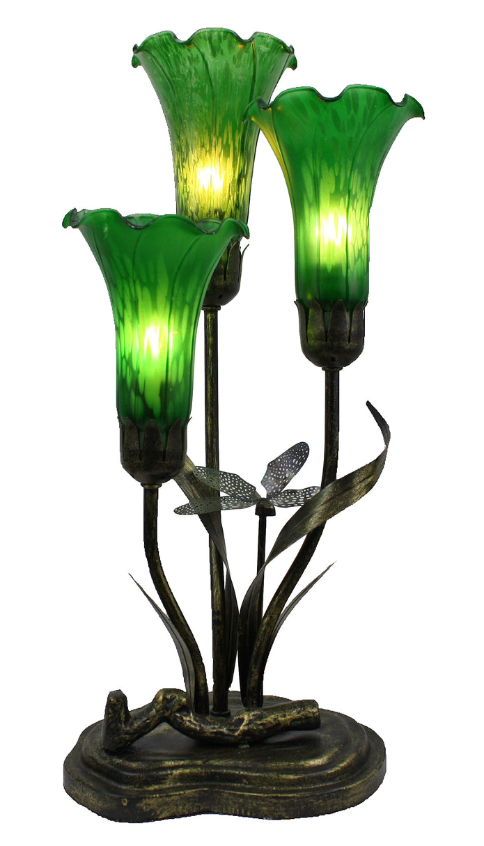 Triple Branch Upward Dragonfly Lily Tiffany Table Lamp