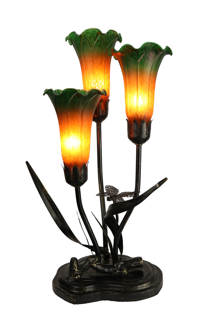 Triple Branch Upward Dragonfly Lily Tiffany Table Lamp