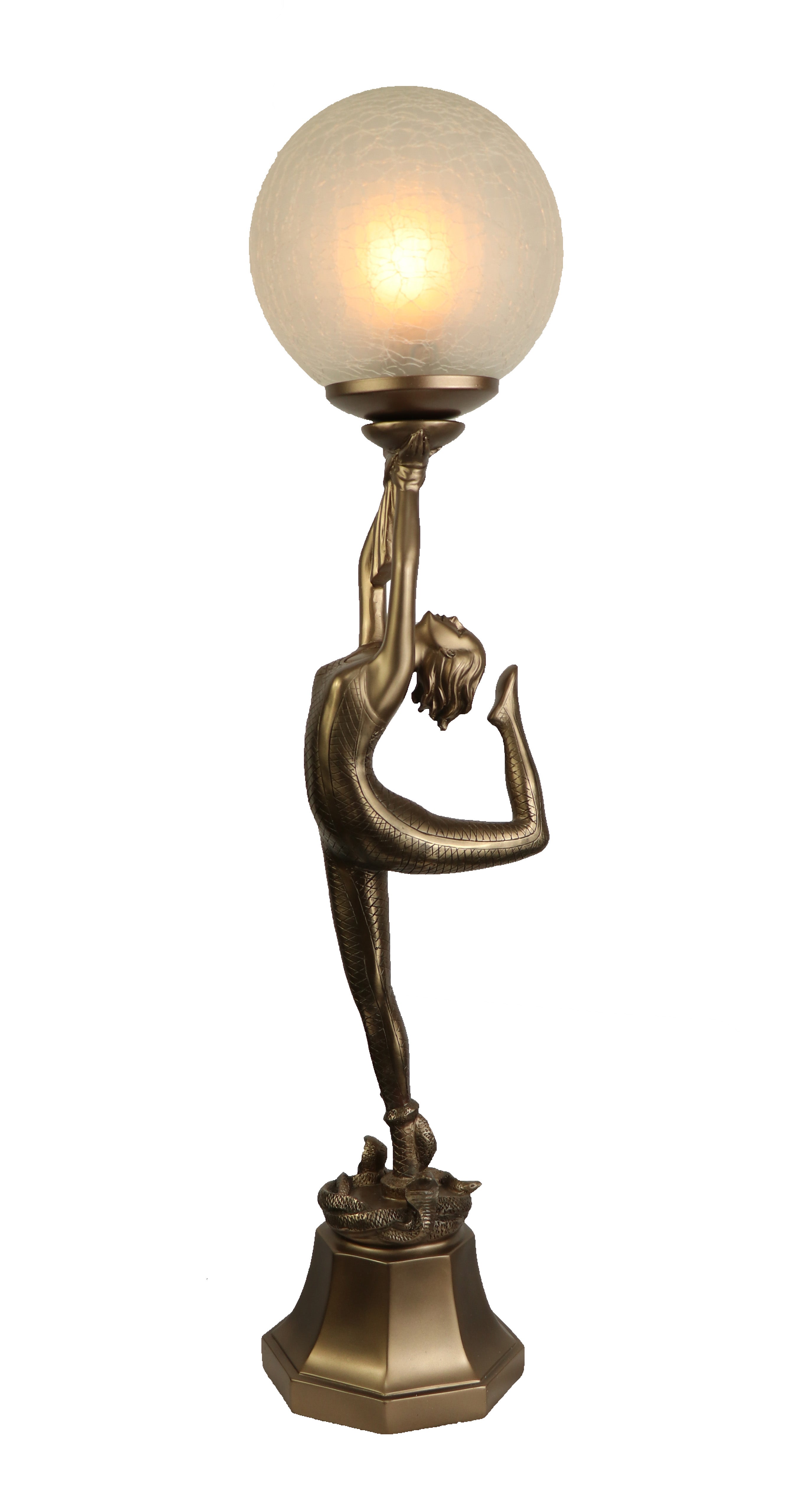 Dancing lady upholding crackled glass ball with snake around standing foot, cold cast bronze.