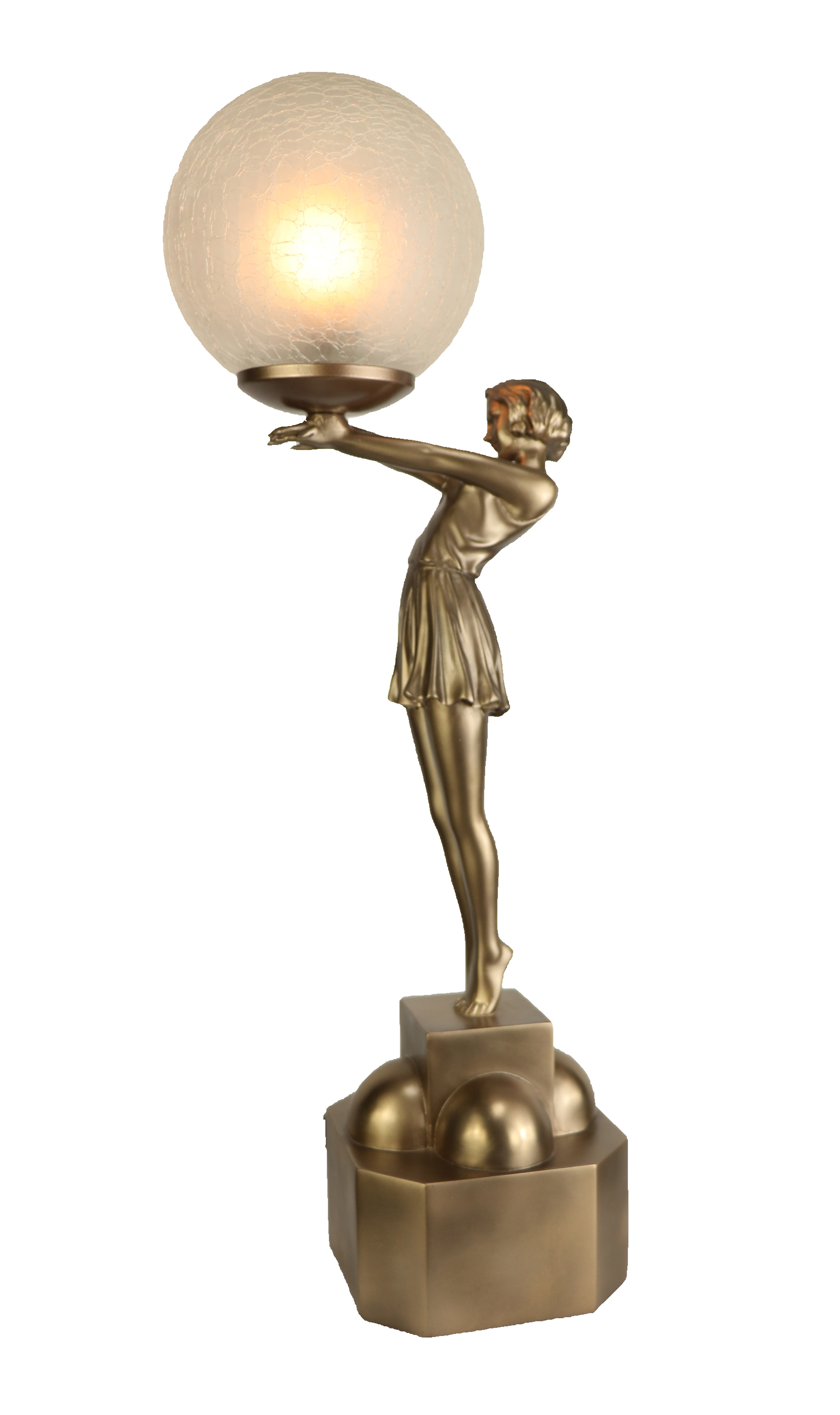 Lady admiring crackled glass ball on her hands, cold cast bronze.